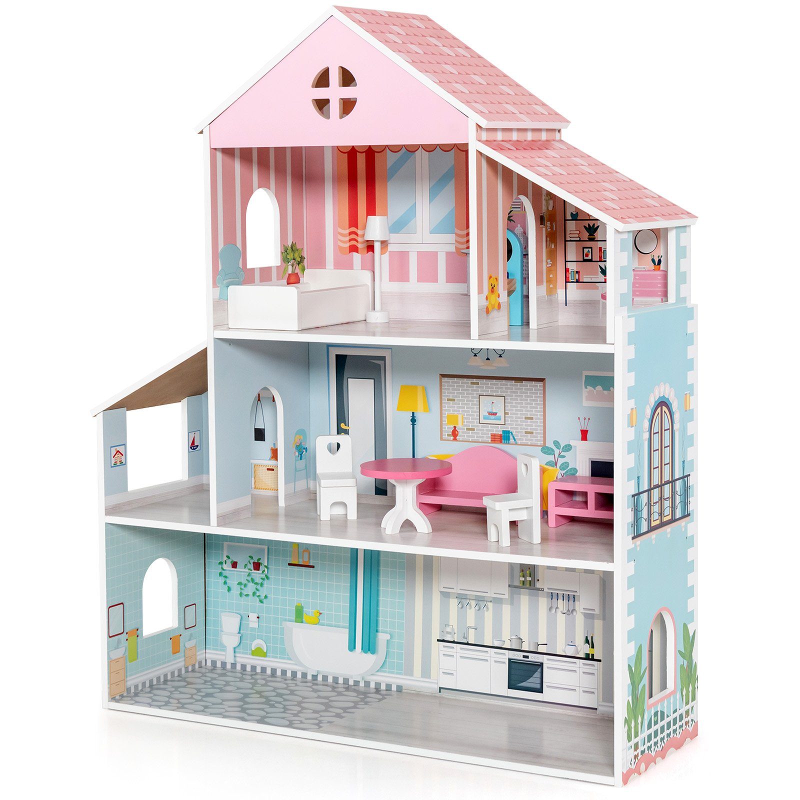 COSTWAY Puppenhaus »Puppenstube, Puppenvilla«, mit 8-teiligem Möbelset & 5  Zimmer, 3 Etagen