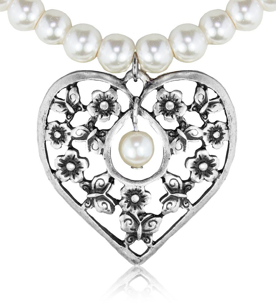 LUISIA® Perlenkette Perlen Collier Sue mit Herz Anhänger mit Blumen und Schmetterlinge (1-tlg., inkl. Schmuckbox)