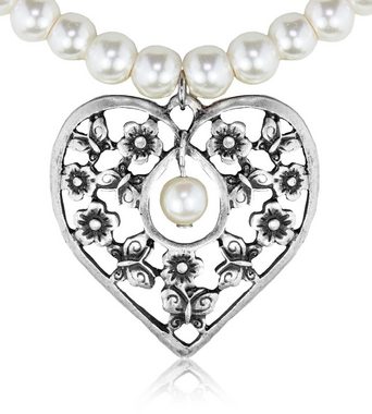 LUISIA® Perlenkette Perlen Collier Sue mit Herz Anhänger mit Blumen und Schmetterlinge (1-tlg., inkl. Schmuckbox)