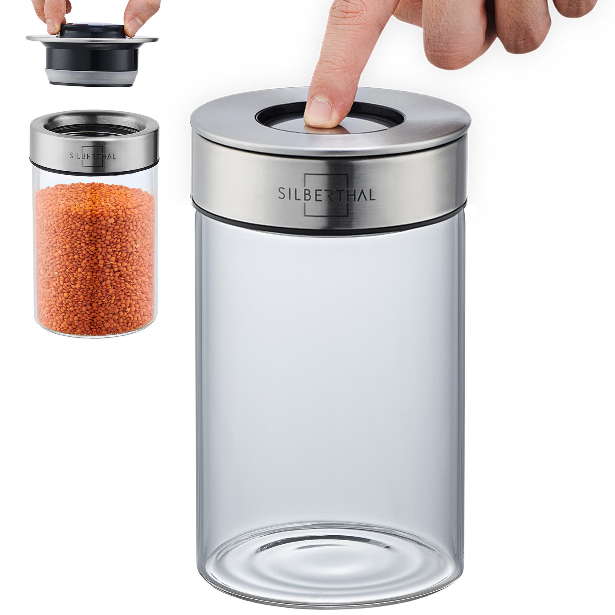 SILBERTHAL Vorratsglas 1000ml, Vorratsdose mit Klickdeckel, Glas, Edelstahl, (Einzeln, 1-tlg), Luftdicht & Mottensicher