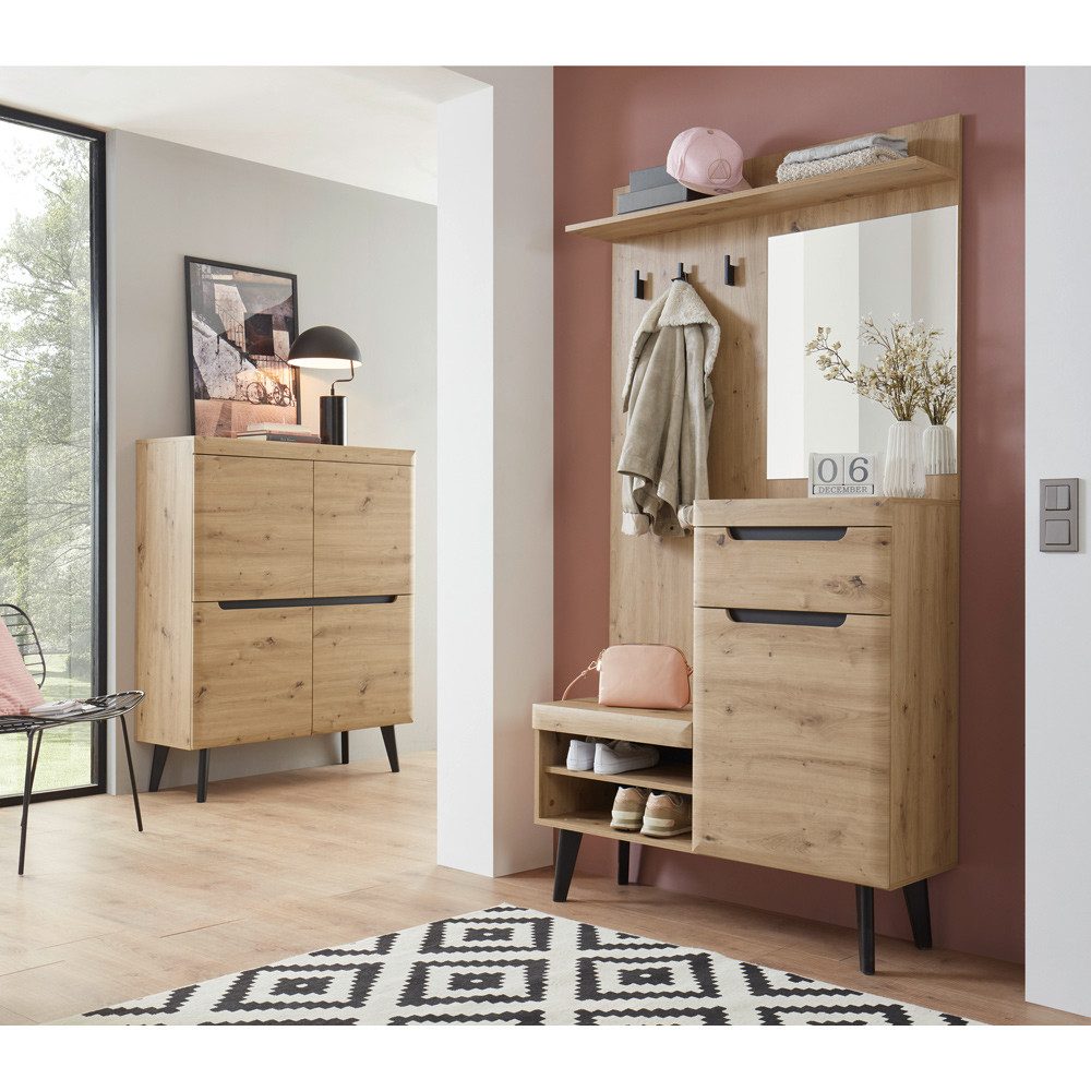 Lomadox Garderoben-Set TIROL-61, (Spar-Set, 2-St), Artisan Eiche Nb. mit Absetzungen in schwarz incl. Spiegel