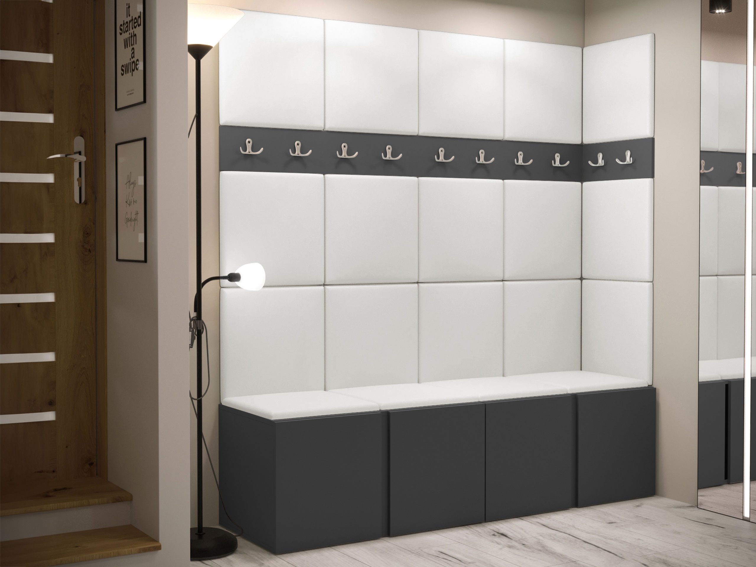 MIRJAN24 Garderoben-Set Orion II, (Komplett-Set, mit 2x Schuhschrank, 3x Kleiderhakenbrett, Paneel 19x 42x42), Auswahl aus Fronten und Polsterplatten
