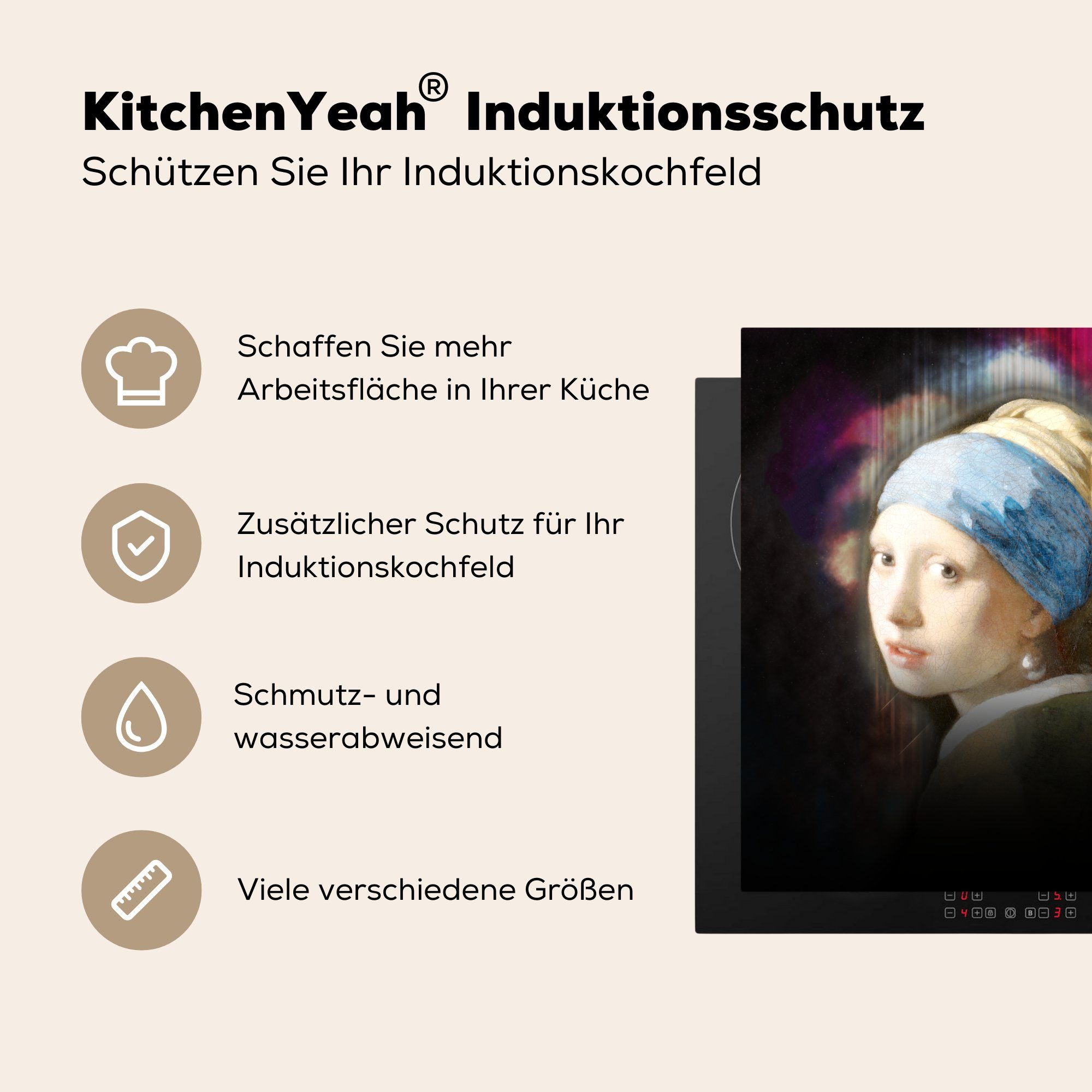 MuchoWow Herdblende-/Abdeckplatte Arbeitsplatte Vinyl, (1 mit 78x78 - Perlenohrring Kunst, Das cm, tlg), Vermeer für Ceranfeldabdeckung, küche - Mädchen dem