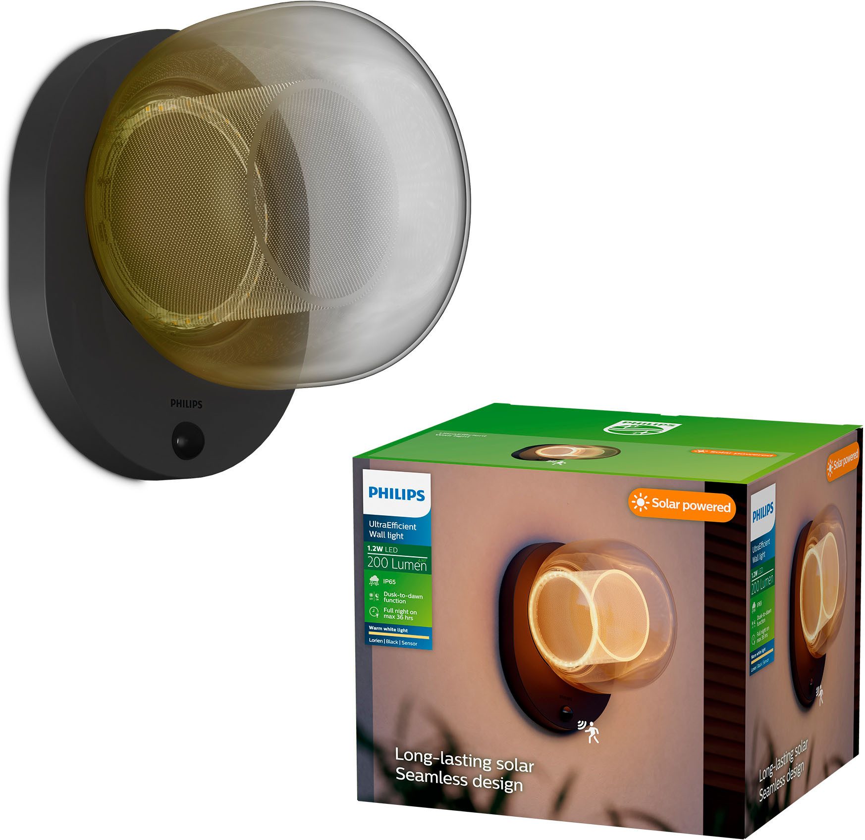 Philips LED Solarleuchte Lorien ultraeffiziente Wandleuchte, 2700 K, 200 Lumen schwarz, Abschaltautomatik, Bewegungsmelder, Ein-/Ausschalter, Leuchtdauer einstellbar, mehrere Helligkeitsstufen, LED fest integriert, Warmweiß, Invisible Solarpanel, mit Bewegungsmelder, 2.2 Watt, warmweißes Licht