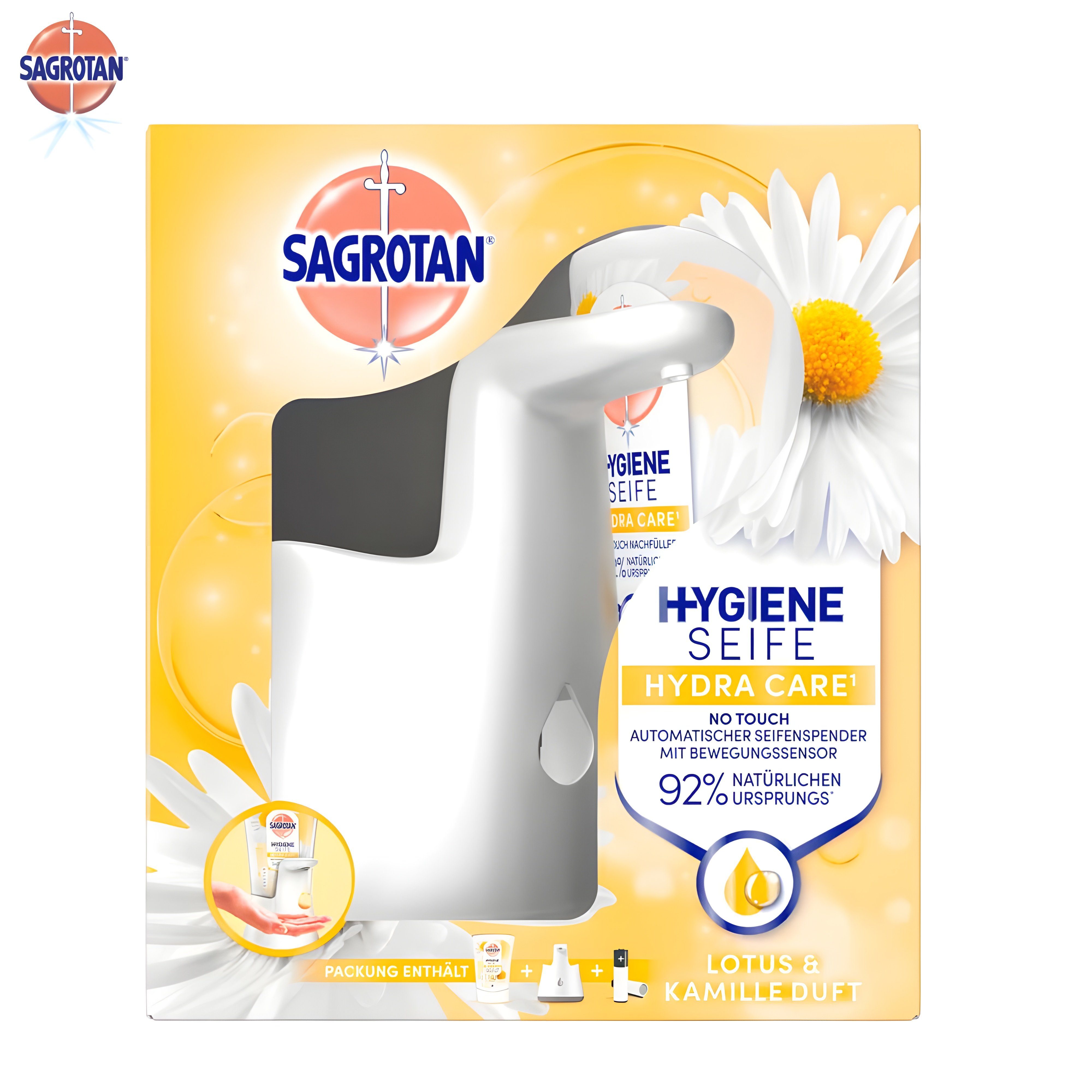 SAGROTAN Seifenspender Hydra Care No Touch mit Bewegungssensor, (1 Automatischer Seifenspender + 1 No-Touch Nachfüller Kamille + 2 AA-Batterien, Mit Bewegungssensor), Nachfüllbare Seifenspender