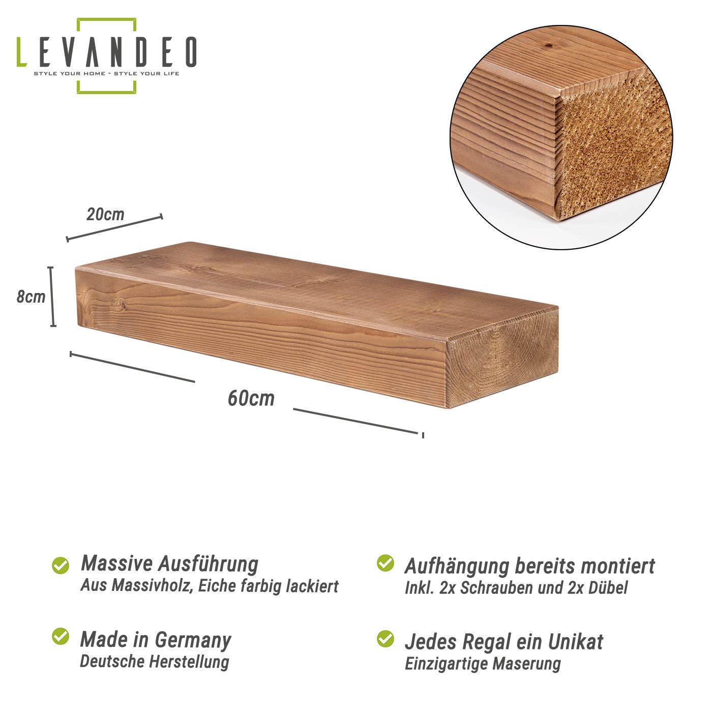 Levandeo® Wandregal, levandeo Wandregal Holz Massiv 60x20cm Eiche Farbig Wandboard Regal