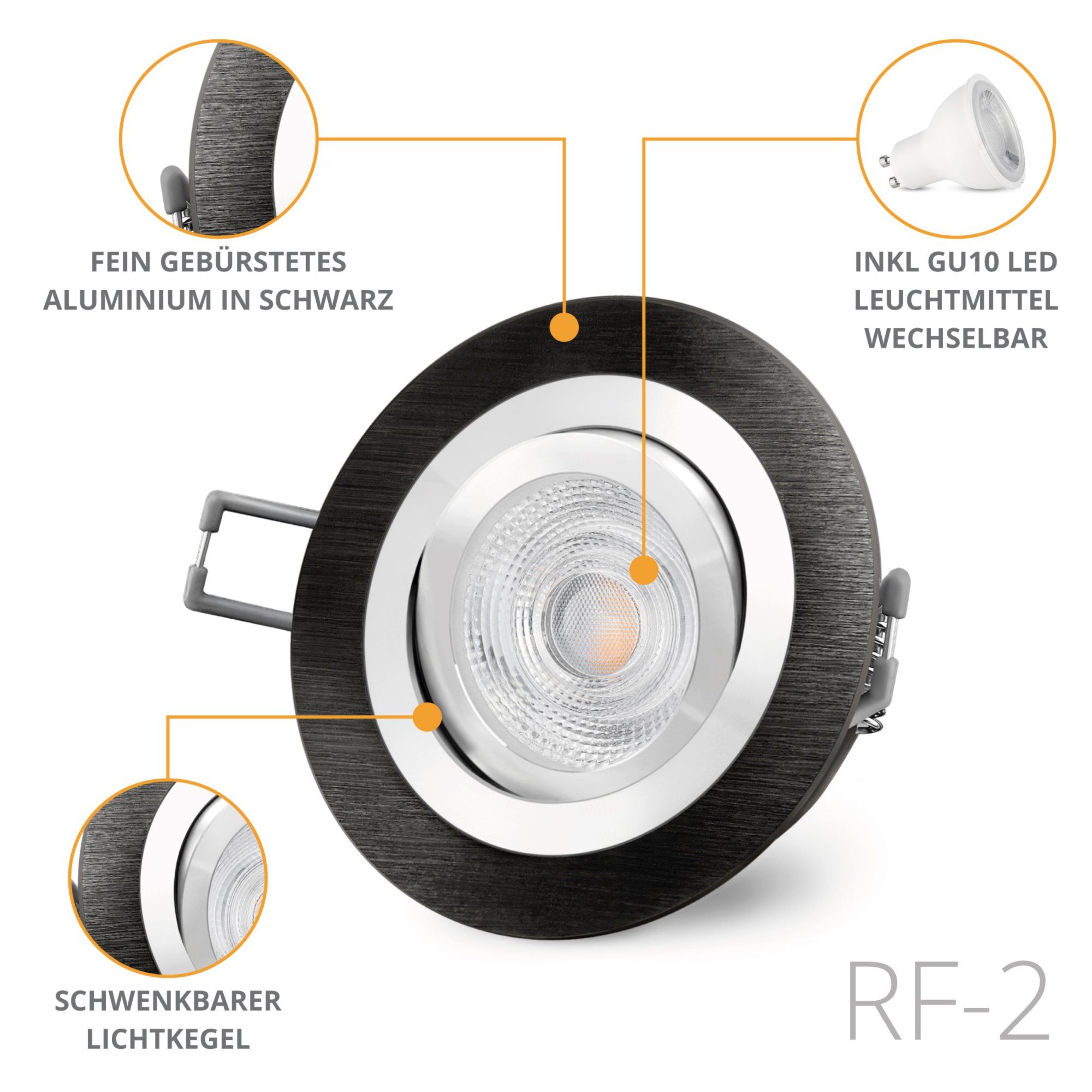 SSC-LUXon LED Einbaustrahler Einbauspot RF-2 gebürstet schwarz schwenkbar LED 5W drei Lichtmodi, Neutralweiß, Warmweiß, Tageslichtweiß