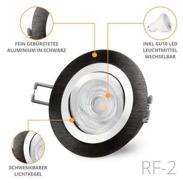 SSC-LUXon LED Einbaustrahler RF-2 LED Einbauleuchte schwarz gebuerstet rund schwenkbar mit GU10, Warmweiß