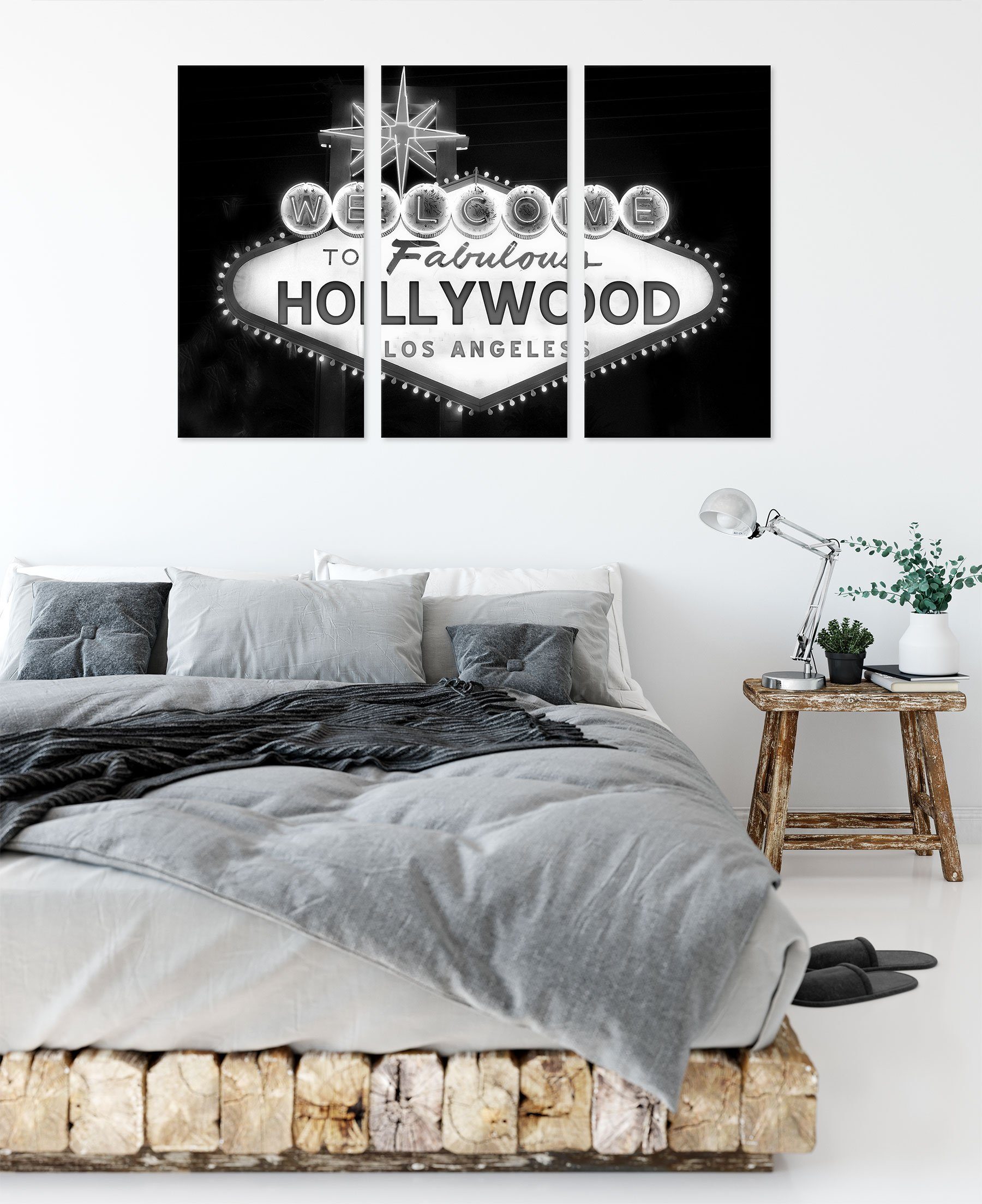 bespannt, fertig Pixxprint Hollywood Leinwandbild inkl. Ortseingangsschild, (1 Zackenaufhänger Ortseingangsschild (120x80cm) St), Leinwandbild 3Teiler Hollywood