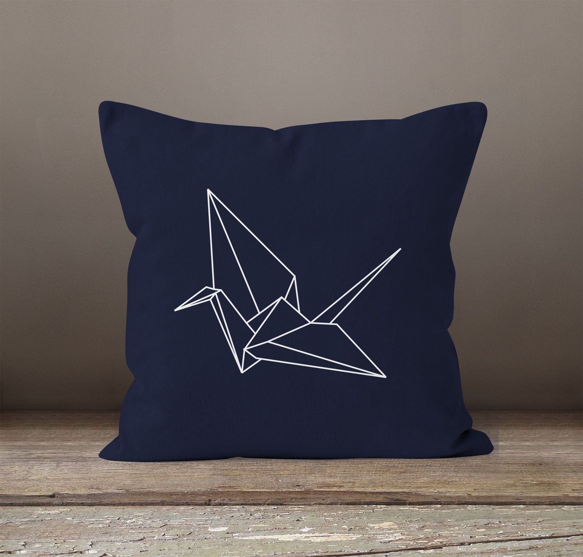 Origami Autiga® navy Kranich Kissen-Hülle Crane Autiga Vogel 40x40 Bird Deko-Kissen Kissenbezug Dekokissen Baumwolle