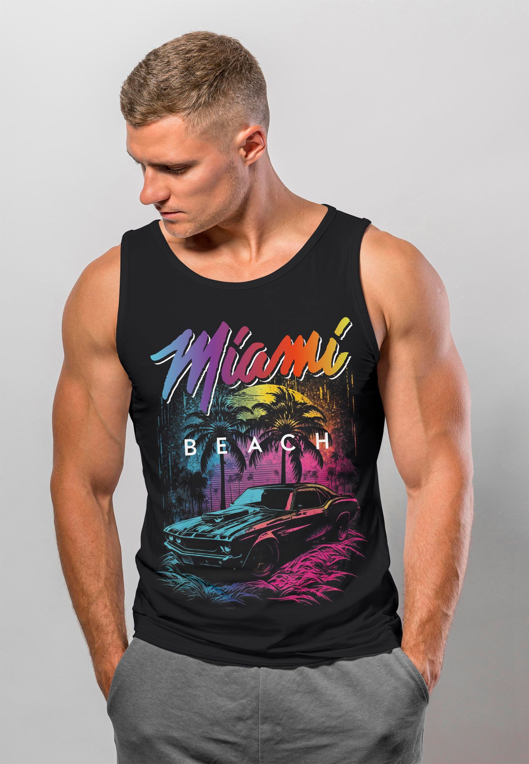 Neverless Tanktop Herren Tank-Top Miami Beach USA Oldtimer Car Palmen Print günstig online kaufen