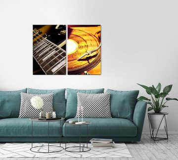 Sinus Art Leinwandbild 2 Bilder je 60x90cm E-Gitarre Musik Plattenspieler Noten goldene Schallplatte Vinyl Audiophile