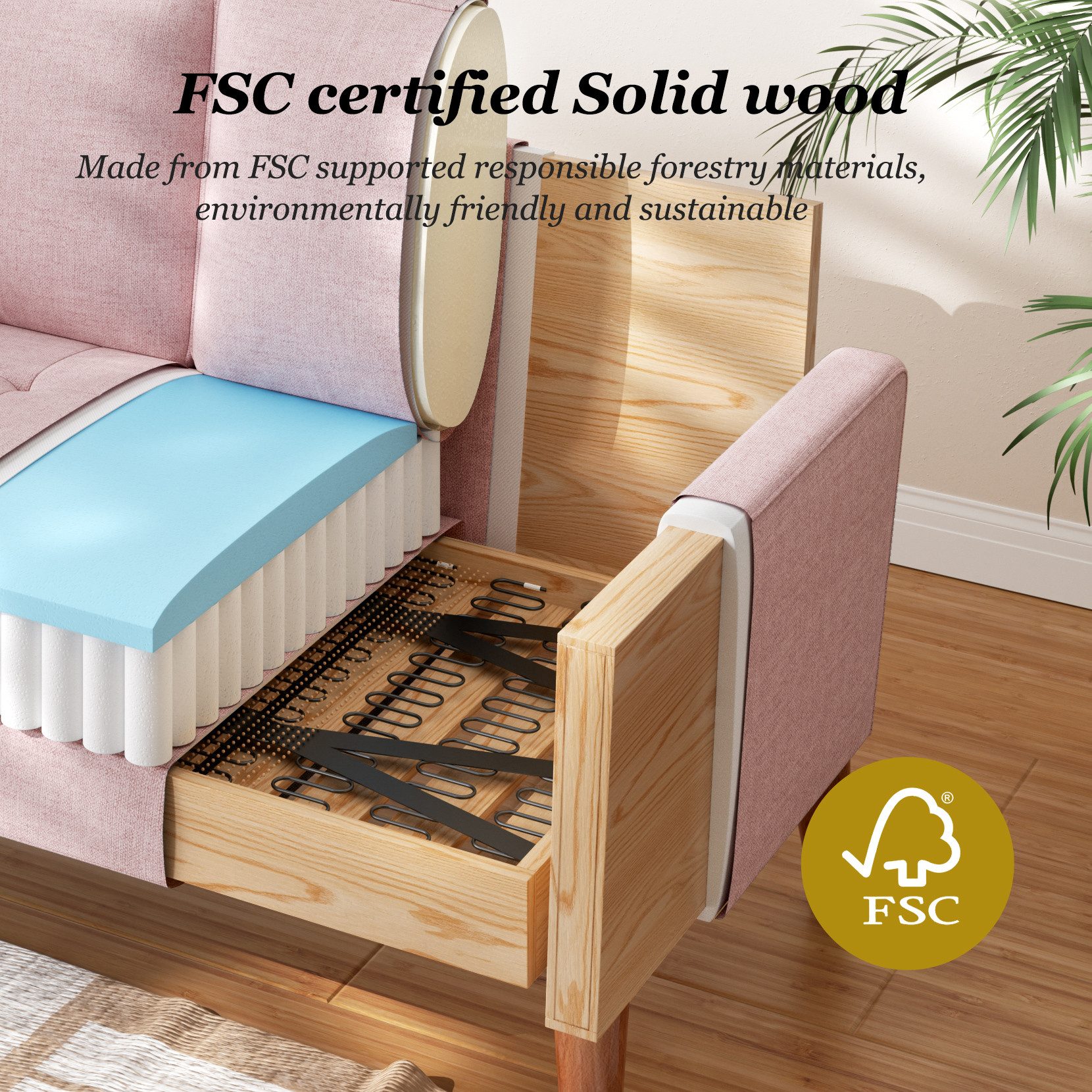 OUNUO Sofa 121cm Kleines Loveseat Sofa Couch aus Samt und Leinen mit 2 Zierkissen – Bild 5 von 5