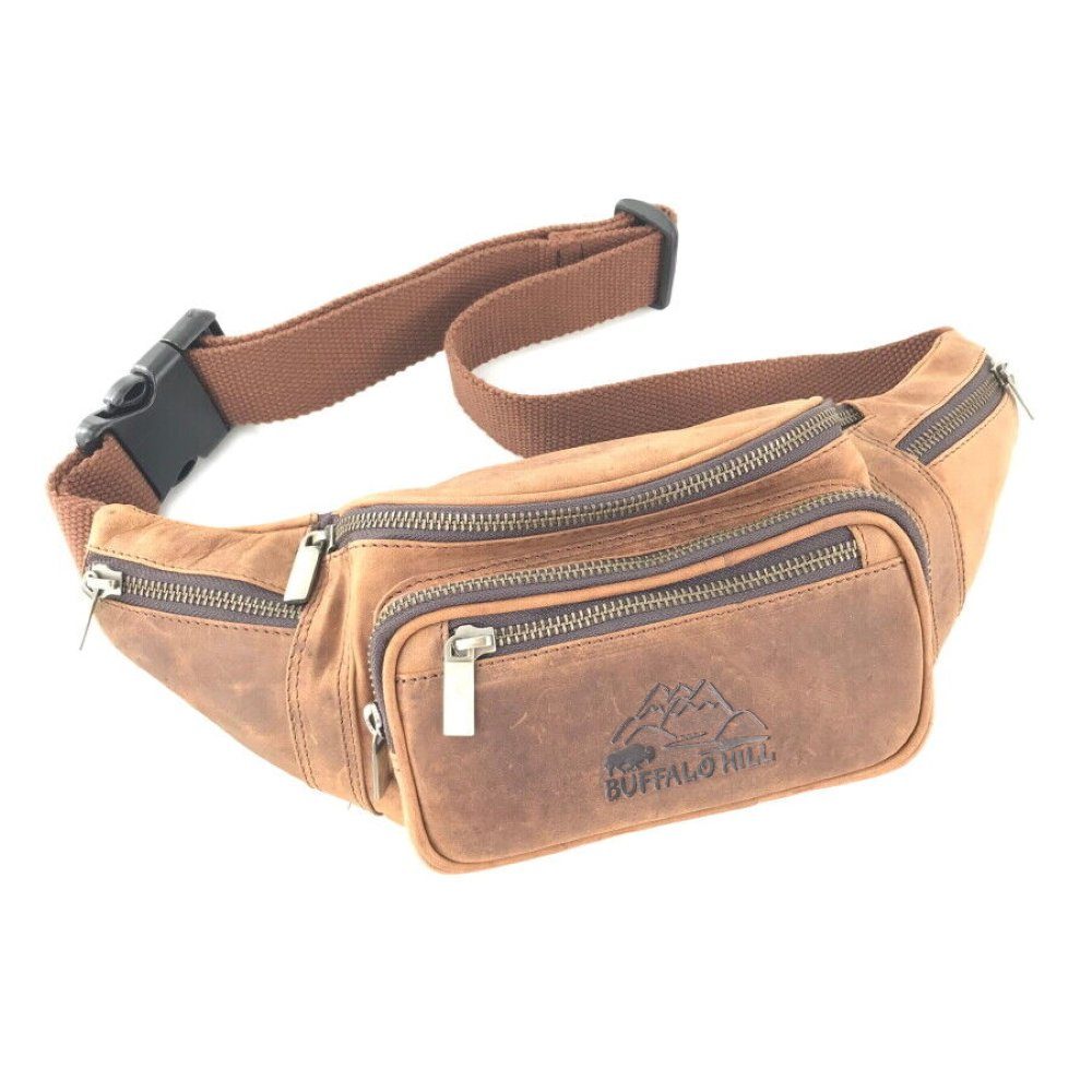 Buffalo Hill Bauchtasche Büffelleder, Vintage Umhängetasche mit Reißverschlüssen >BT-09<, elegante Brusttasche aus echtem Leder mit einer Bundweite von 95-140cm