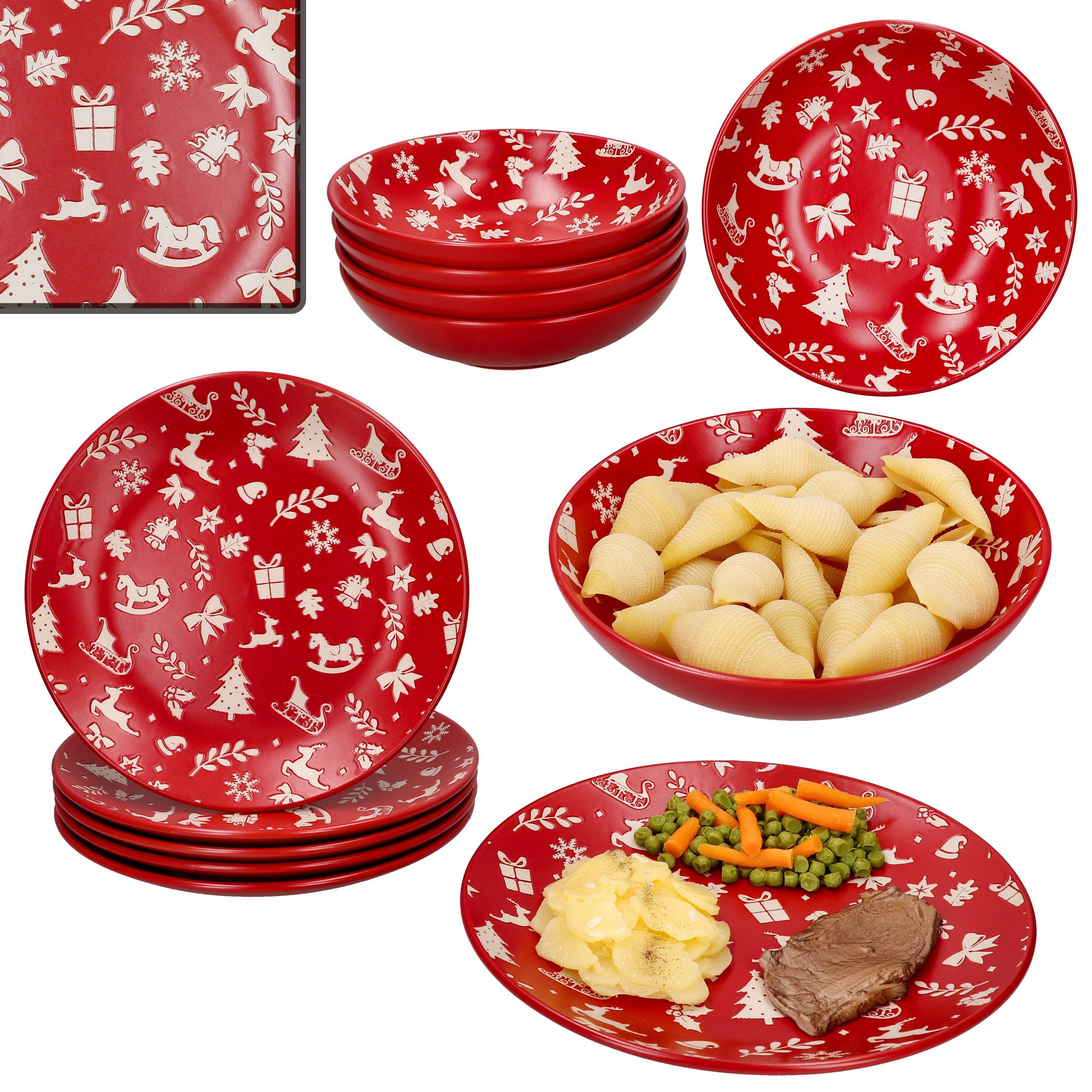 MamboCat Tafelservice 12tlg Tafelservice Advent 6Pers Essteller Suppenteller Rot Weihnachten, Steingut – Bild 2 von 5