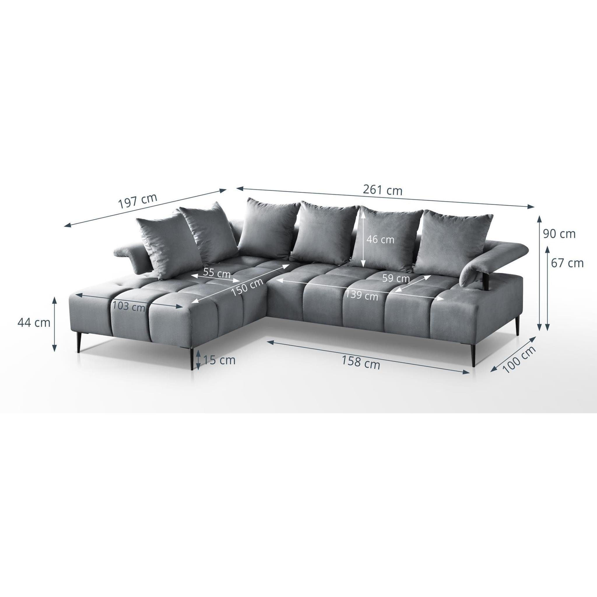 Ecksofa Metallbeine, modernes Wohnzimmer, 95) Wellenfedern, stilvoll Polsterecke 260 Beautysofa Sofa cm für Vanessa, Design (monolith Corner Grau im