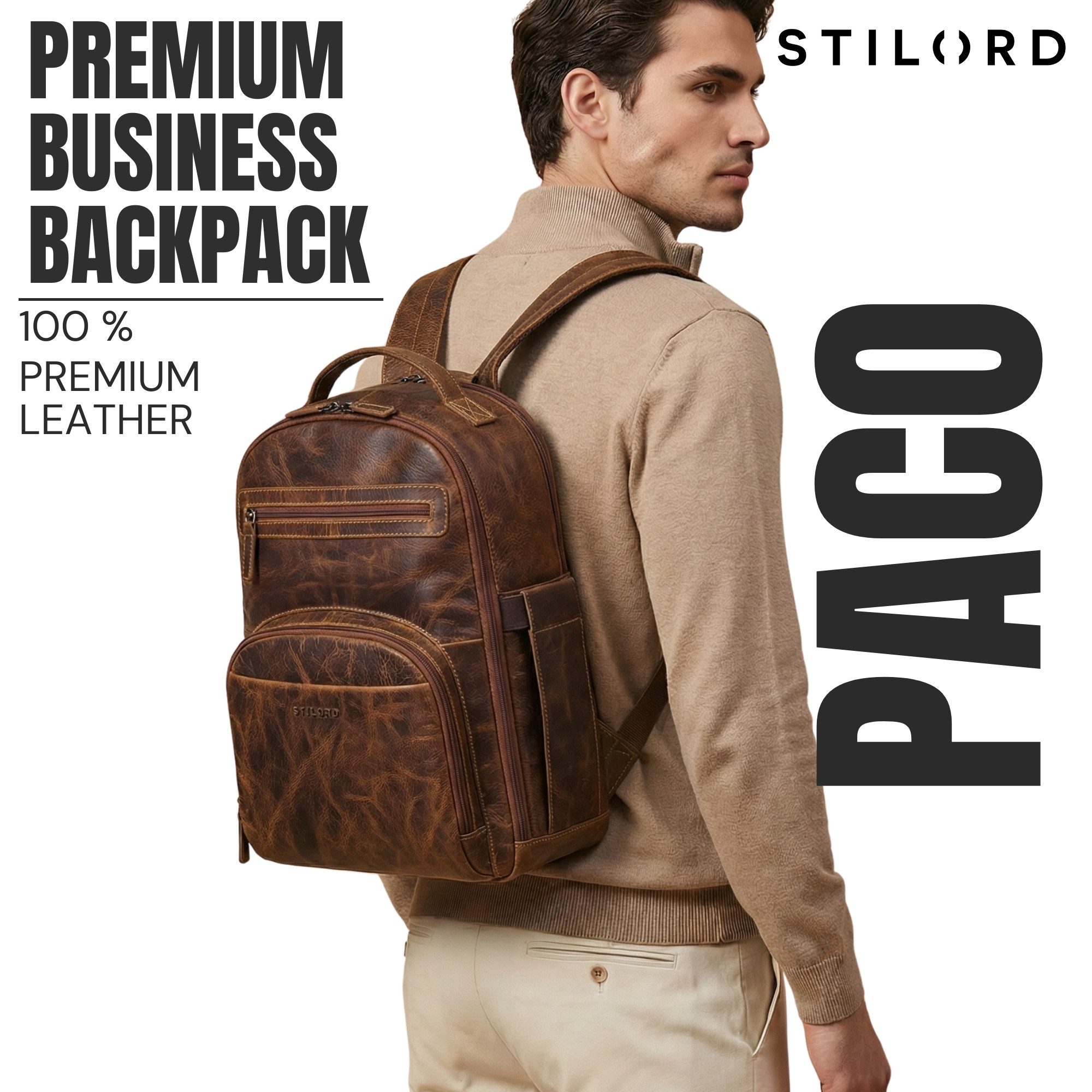STILORD Notebookrucksack "Paco" Premium Business Rucksack Herren Leder Groß - 15,6 Zoll