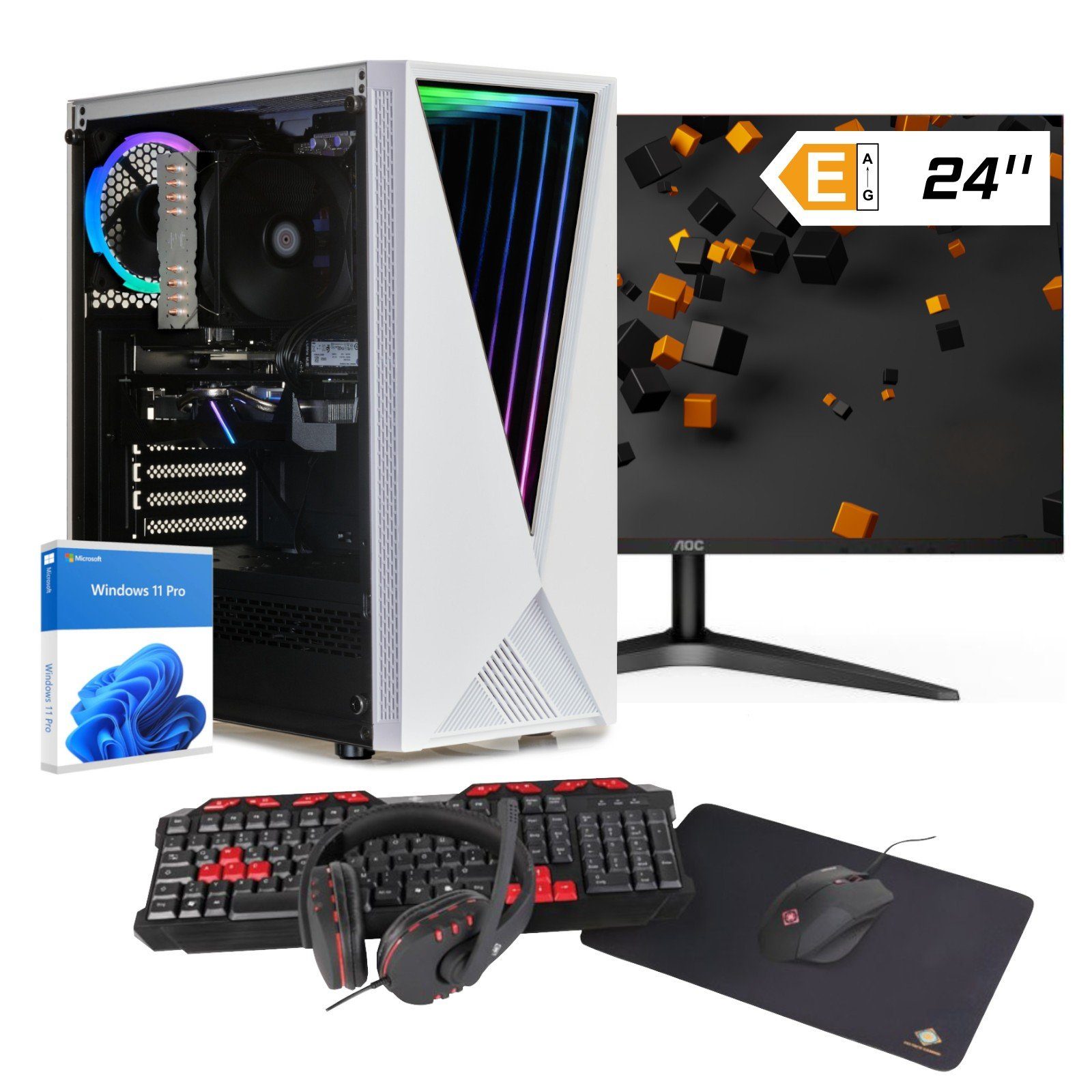dcl24.de RGB Gaming-Set Gaming-PC (24 Zoll, AMD Ryzen 5 5600G, AMD Radeon Graphics, 16 GB RAM, 1000 GB SSD, Luftkühler, Windows 11 Pro, WLAN)