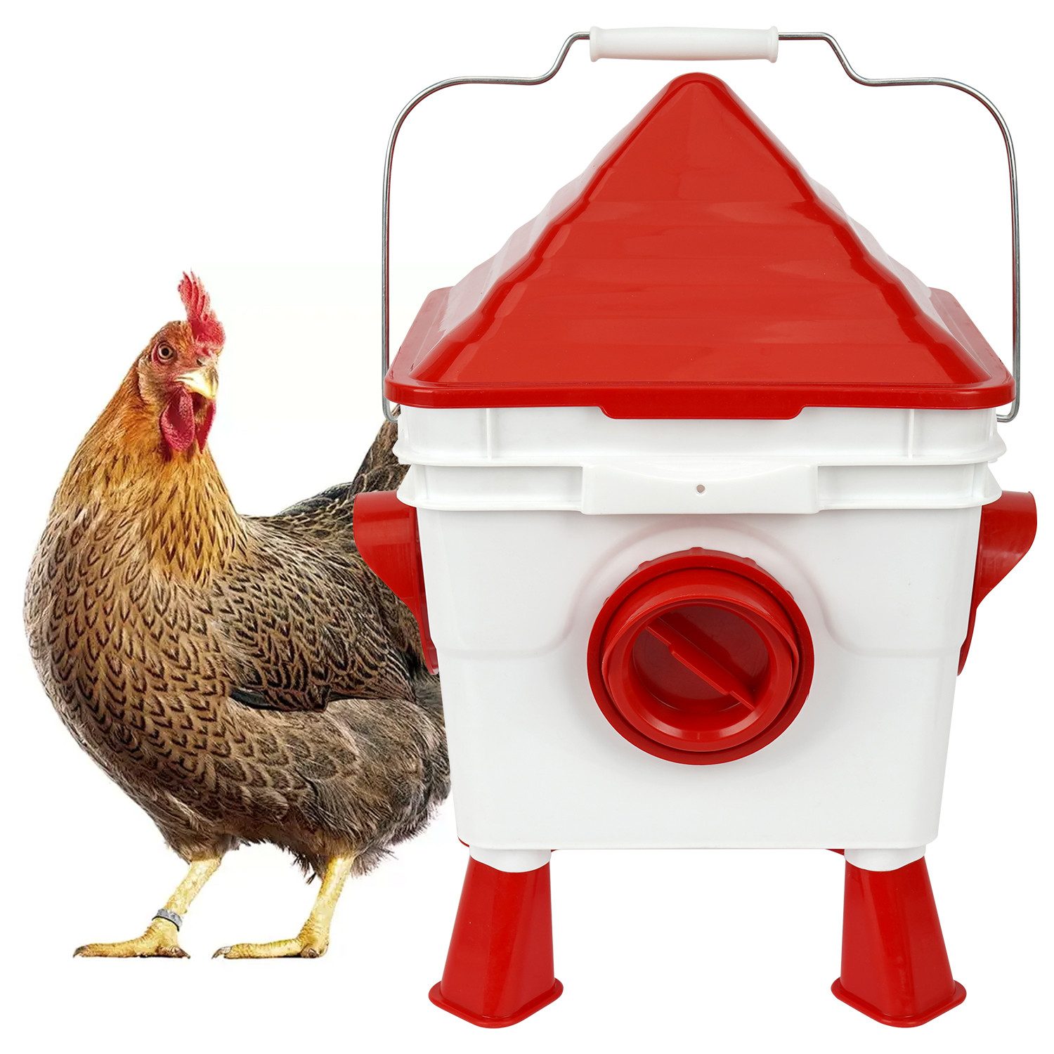 OSTWOLKE Futterautomat für Geflügel 6Kg Futterbehälter mit Abnehmbare Füße und Stahlketten
