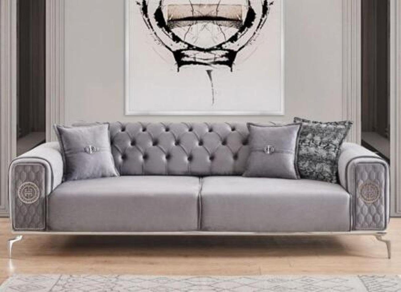 JVmoebel 3-Sitzer Dreisitzer Stoffsofa Chesterfield Couch Sofa Grau Stoff Polyester, 1 Teile, Made in Europa