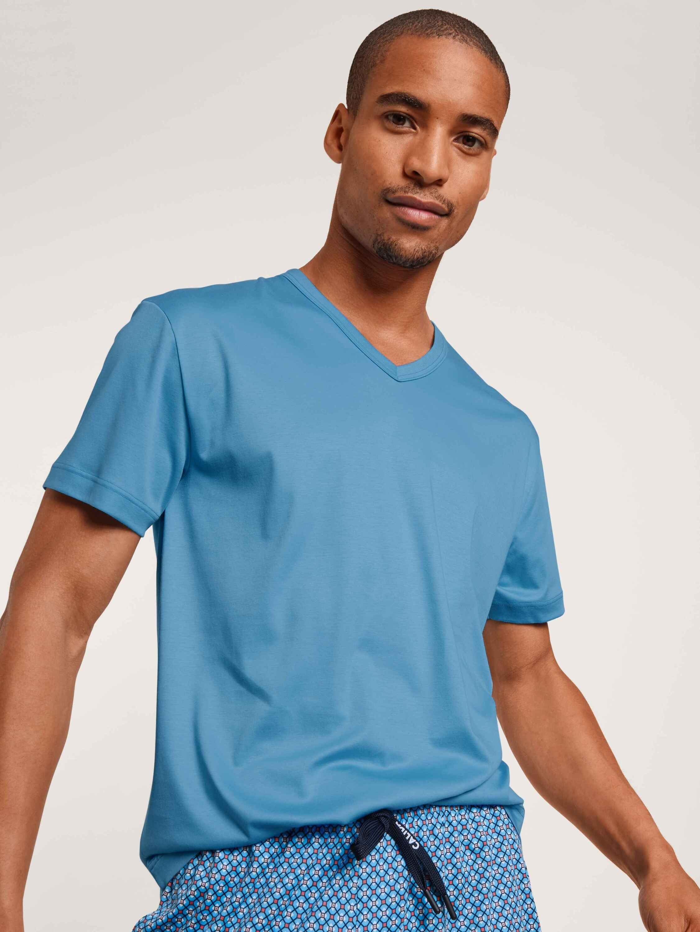 Kurzarmshirt CALIDA azurit Kurzarm-Shirt, V-Neck (1-tlg) blue