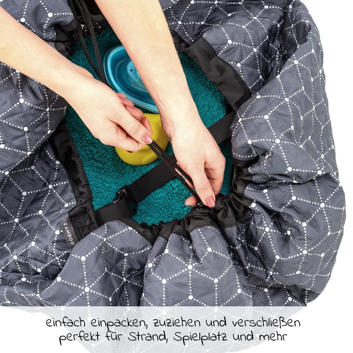 Zamboo Spielmatte Grau Weiß, 2in1 Spielplatzdecke - Tasche für Spielzeug und Sitzunterlage