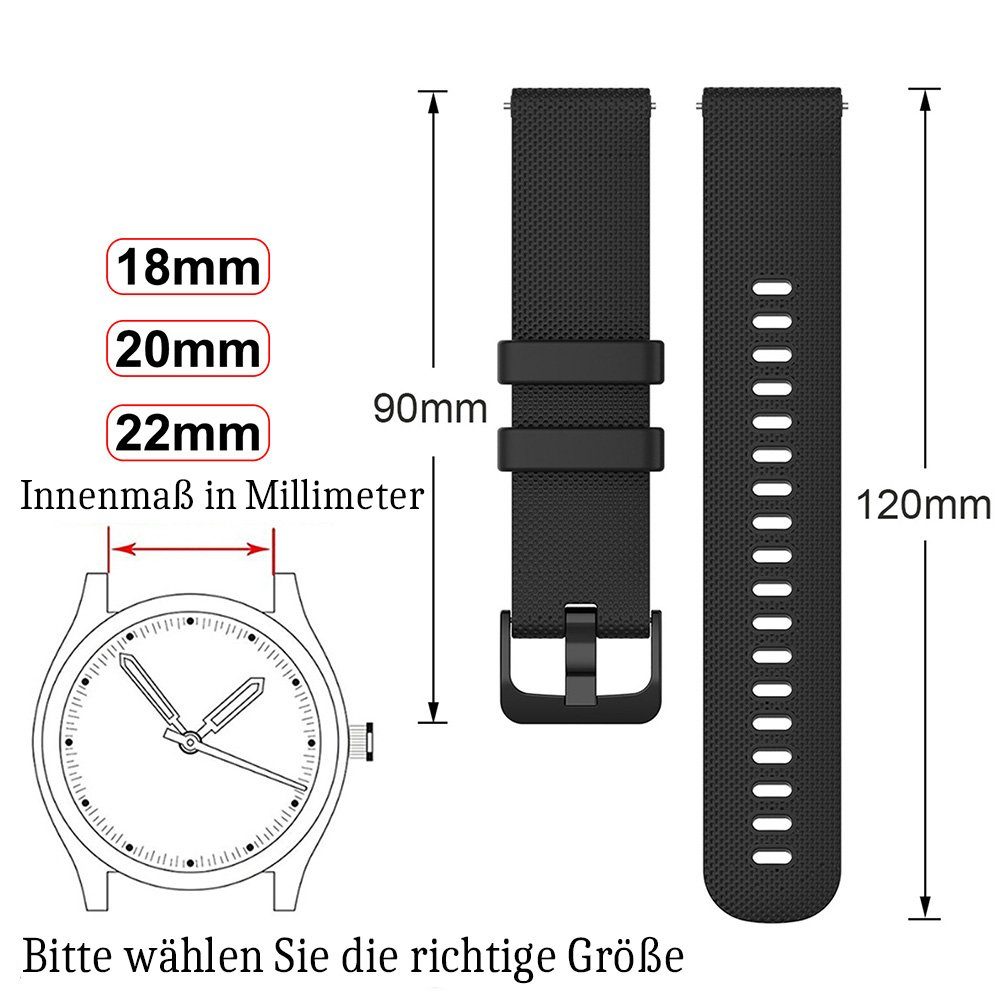 BTTO Smartwatch-Armband Silikonband Uhrenarmband Wasserdicht 18 mm/20 mm/22mm Breiten, 6 Farben, SmartWatch-Armband für Samsung Galaxy Watch/Huawei Watch/Garmin/Fossi