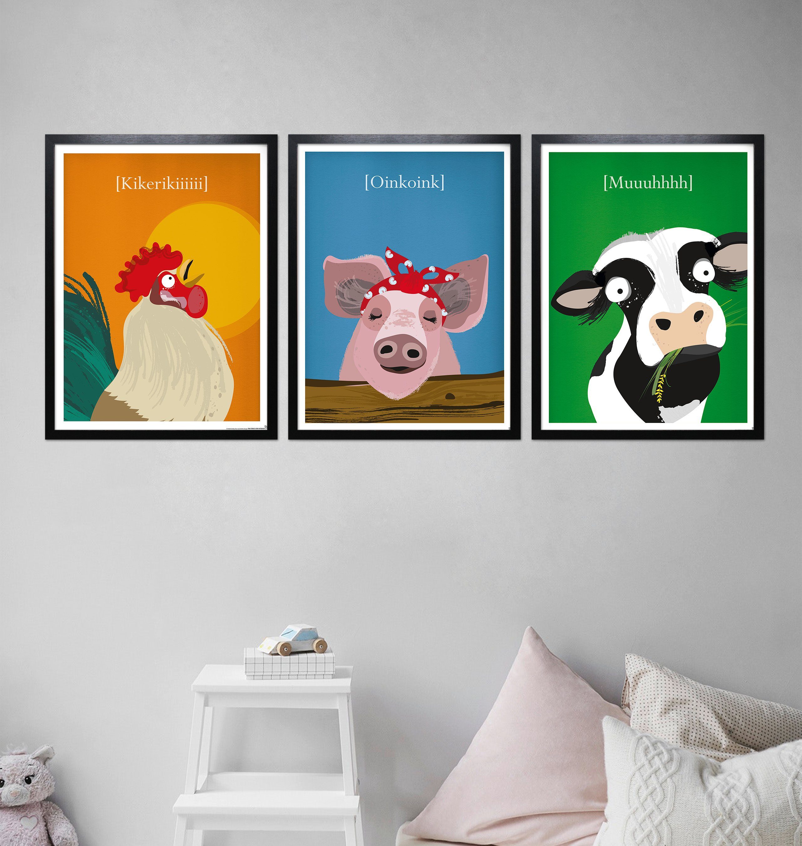 Close Up Poster Kinderzimmer Poster Bauernhof 3er-Set gerahmt schwarz