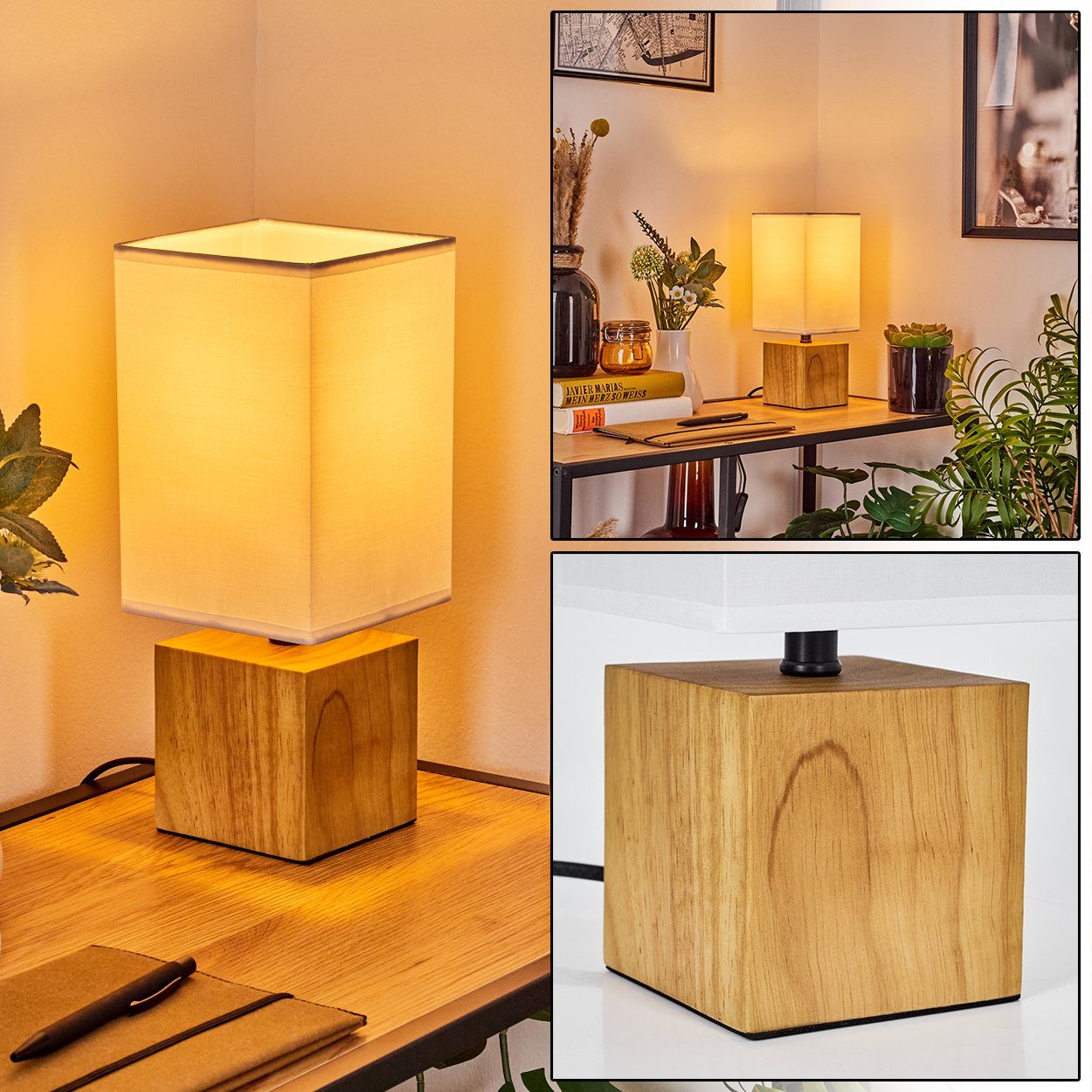 hofstein Tischleuchte moderne Nachttischlampe aus Holz/Stoff in Natur/Weiß, ohne Leuchtmittel, eckige mit Schirm aus Stoff, Höhe 30 cm, m. An-/Ausschalter, 1 x E27