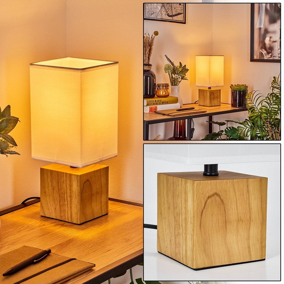 hofstein Tischleuchte moderne Nachttischlampe aus Holz/Stoff in Natur/Weiß, ohne  Leuchtmittel, eckige mit Schirm aus Stoff, Höhe 30 cm, m. An-/Ausschalter,  1 x E27