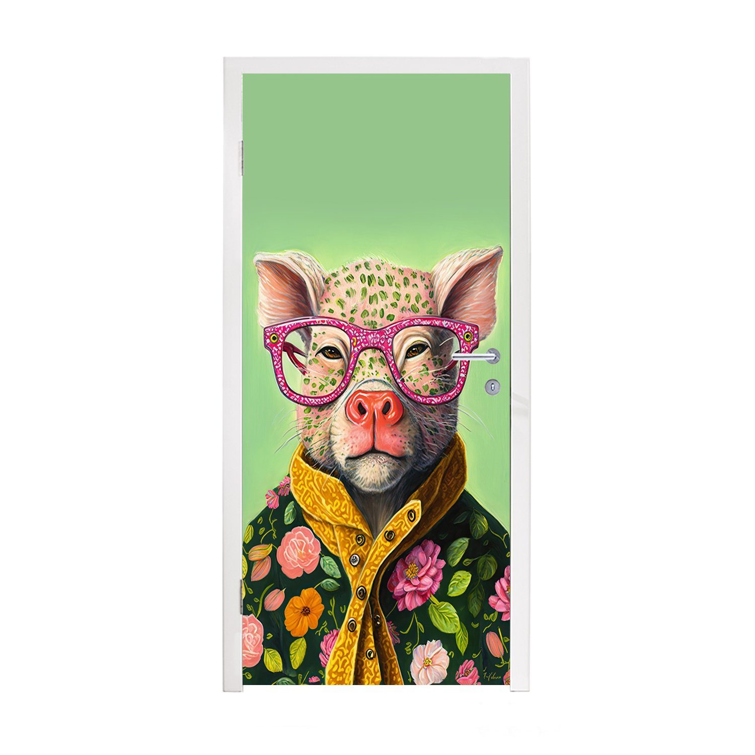 Brille - - 75x205 Tür, Schwein bedruckt, cm Blumen - Matt, Fototapete MuchoWow Tier, Türaufkleber, Türtapete für - Rosa (1 St),