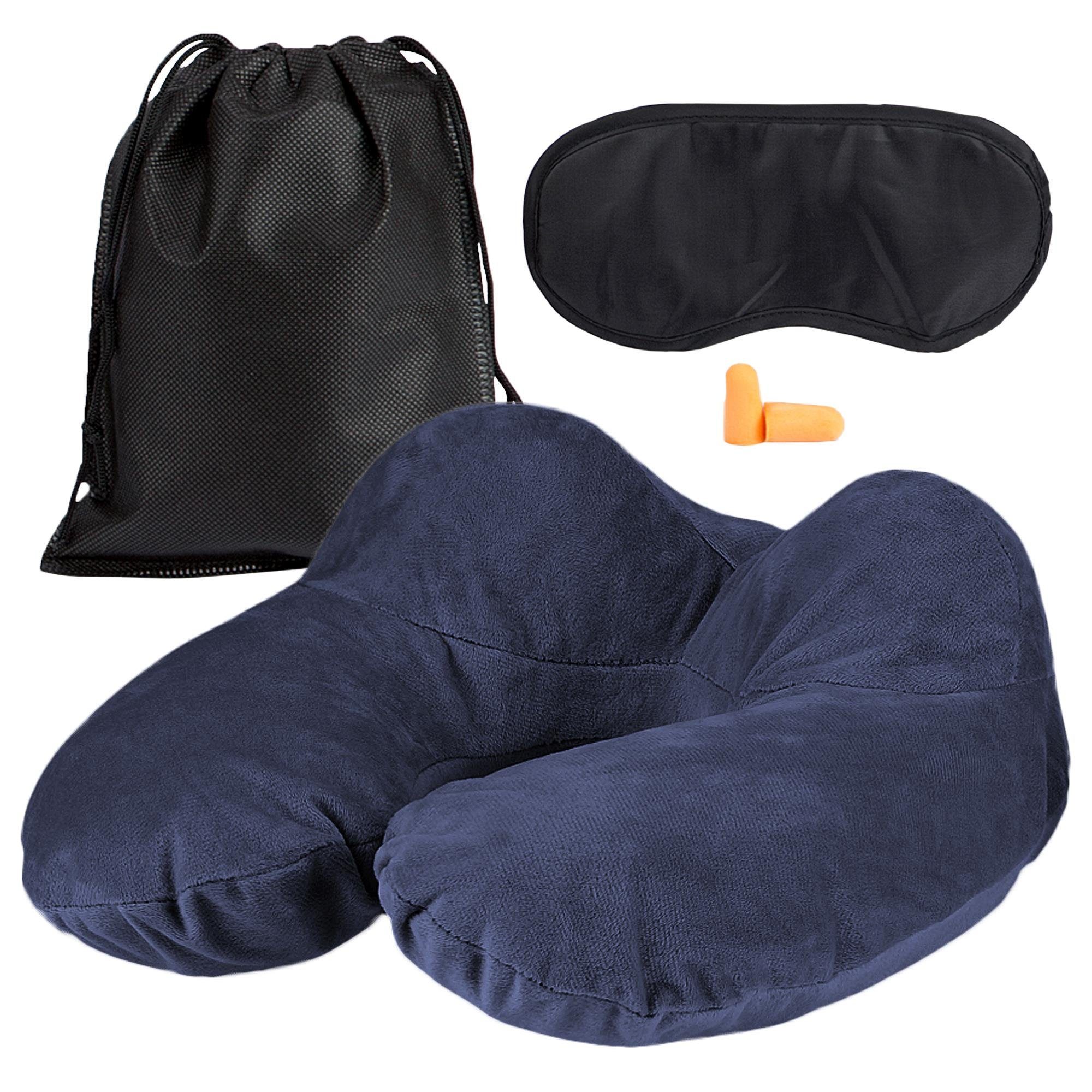 EAZY CASE Nackenhörnchen Aufblasbares Nackenhörnchen mit Stoffbezug, Nackenhörnchen Reise Set inklusive Schlafmaske & Ohrstöpsel Schwarz, Nackenhörnchen Reise Set inklusive Schlafmaske & Ohrstöpsel Schwarz