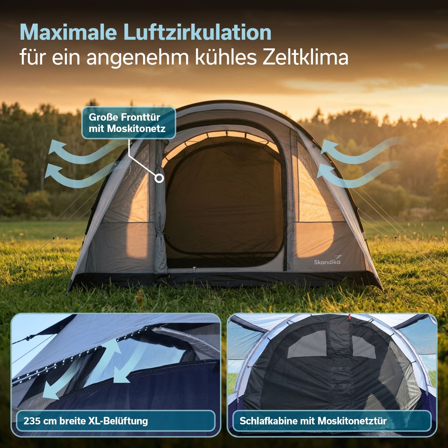 Skandika Tunnelzelt Campingzelt Isken 5 Protect - schwarze Schlafkabine - UPF 50+, Personen: 5 (3000 mm Wassersäule, Canopy, Organizer-Taschen in der Kabine, UPF 50), Moskitonetz an der Eingangstür, an den Fenster und der Kabinentür