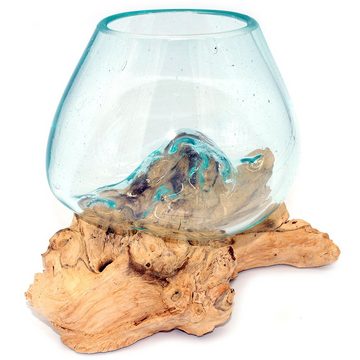 Gedeko Dekovase Deko Wurzelholz mit Glasvase, Glasdeko Kugelvase klein rund, Vase Glas auf Holz Ø 11-12 cm