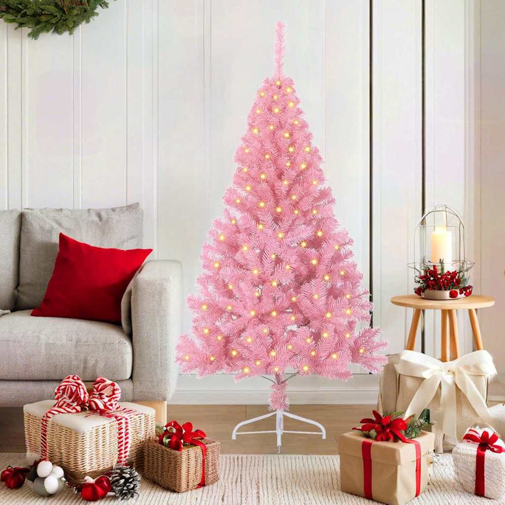 furnicato Künstlicher Weihnachtsbaum 150 cm Rosa mit LED-Lichtern, UV-beständige Tanne mit USB-Beleuchtung und stabilem Stahlrahmen