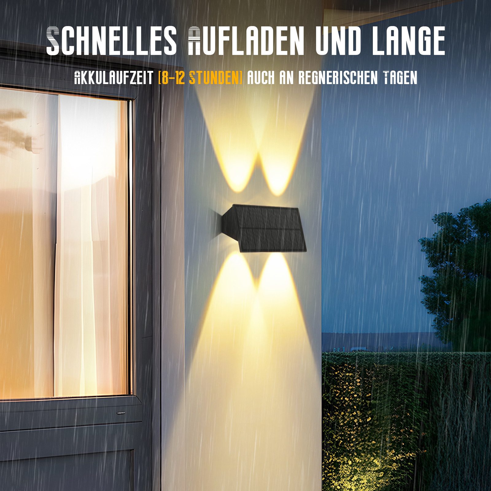 Nettlife LED Außen-Wandleuchte Solarbetrieben Set Up-Down-Strahl kabellose Außenbeleuchtung 3000K, LED fest integriert, Warmweiß, 1/2/4er Set warmweiß für Wand  – Bild 4 von 5