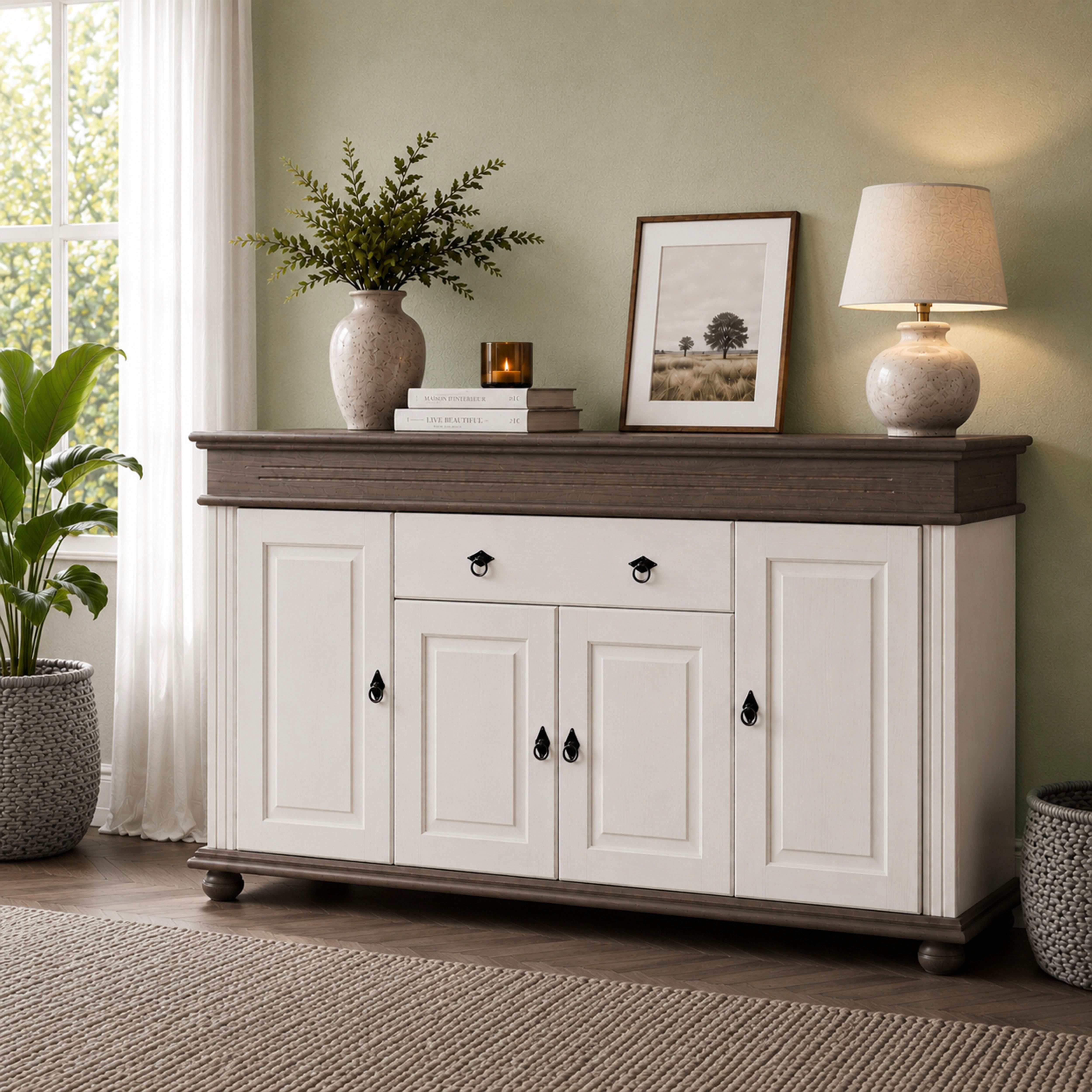 Inter Link Sideboard Halmaro, Kiefer Massivholz, Soft-close, 181 x 46 x 100 cm, Stauraum (1 St), Kommode in Weiss, Grau/Lava, Landhausstil, 4 Türen, 1 Schublade