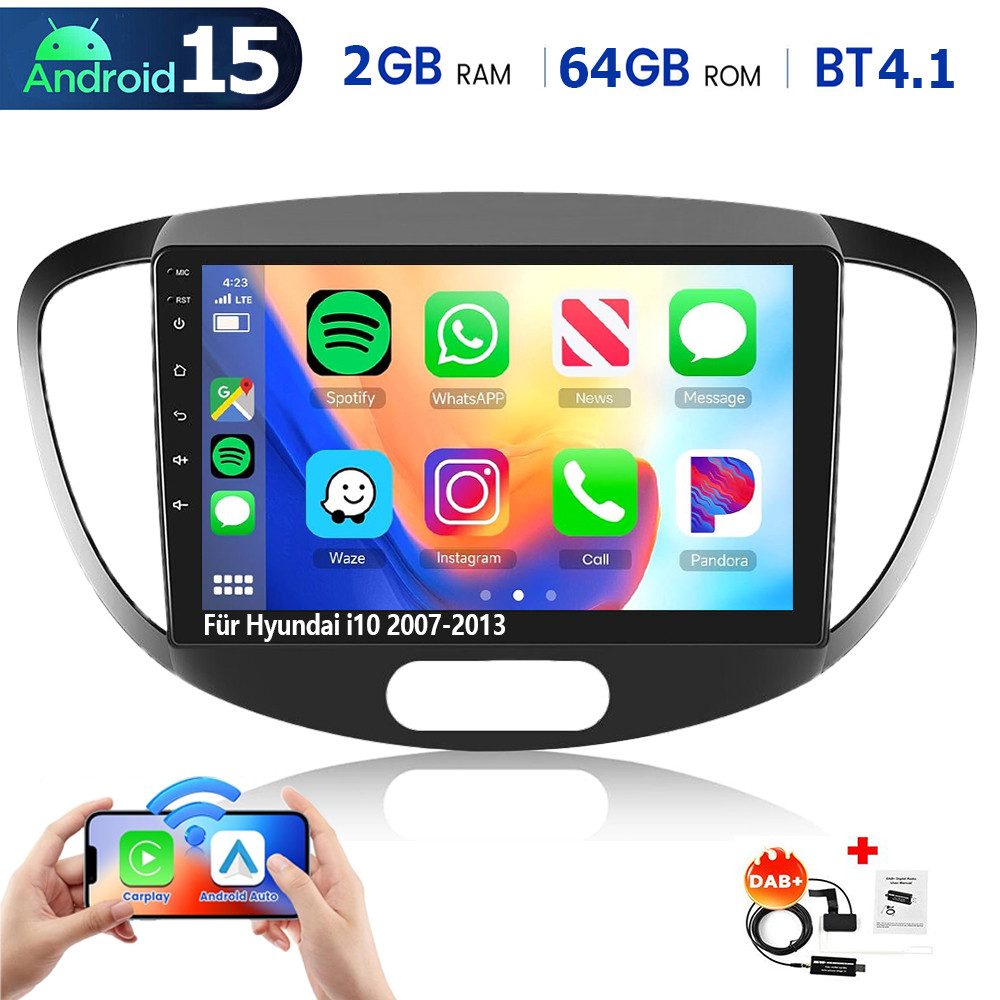 ESSGOO 64G Android 15 Autoradio für Hyundai i10 2007-2013 Carplay Navi GPS BT Autoradio (RDS, FM, AM, DAB+ (optional), ASP, Wireless Apple Carplay & Android Auto,2 DIN,4+64GB(optional)