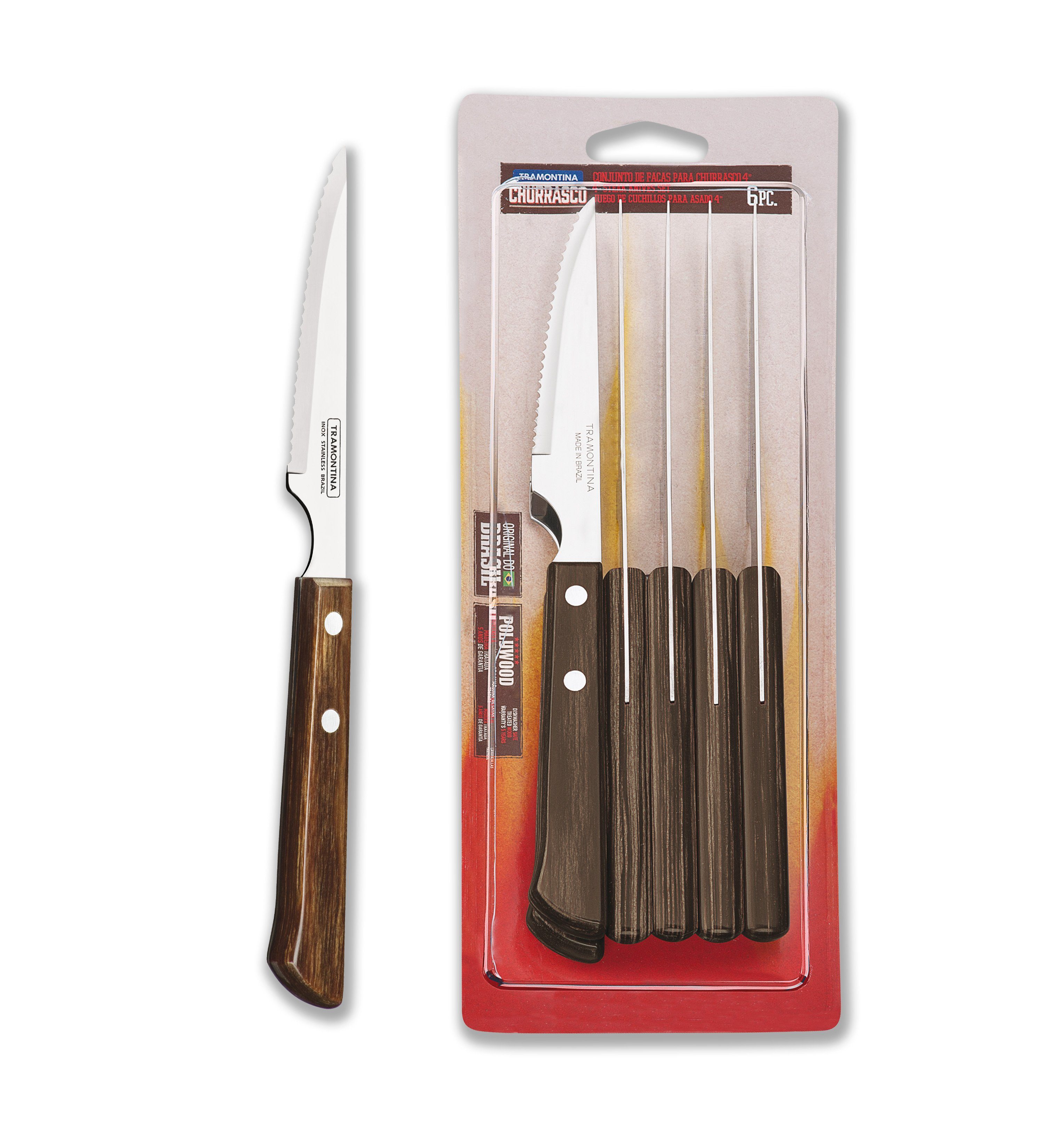 Tramontina Steakmesser 'Spanish Style' Set, 6er Set - mit Holzgriff (6 Stück), Echtholzgriff, rostfreier Edelstahl, spülmaschinenfest