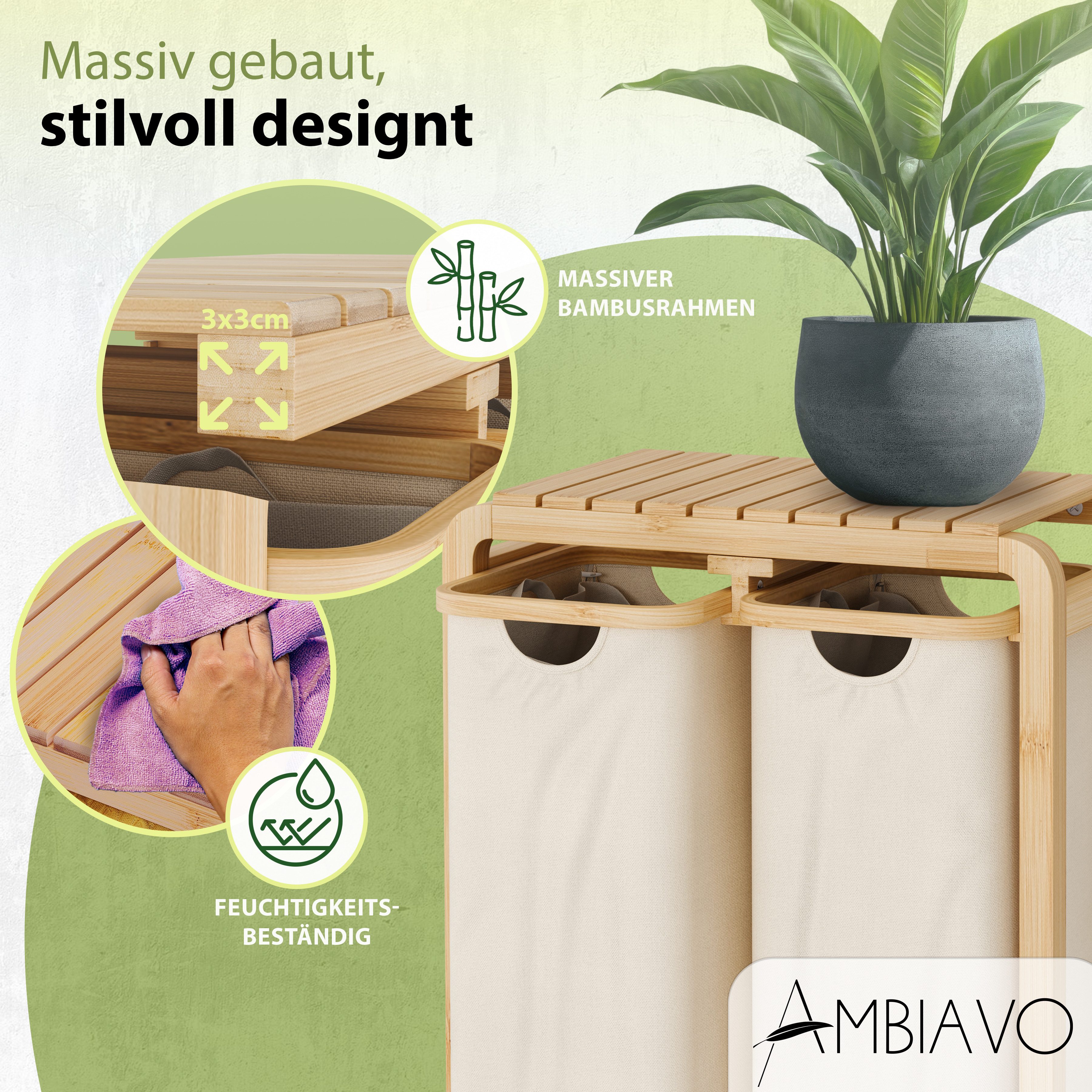 AMBIAVO Wäschekorb 2 Fächer mit waschbaren Baumwollsäcken, 100 L Volumen, stabiler 3x3 cm Bambusrahmen, innovatives Design – Bild 5 von 5