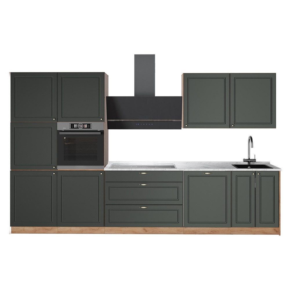 Vicco Küchenzeile Fame-Line, Grün-Gold Landhaus/Goldkraft Eiche, 340 cm, AP Marmor