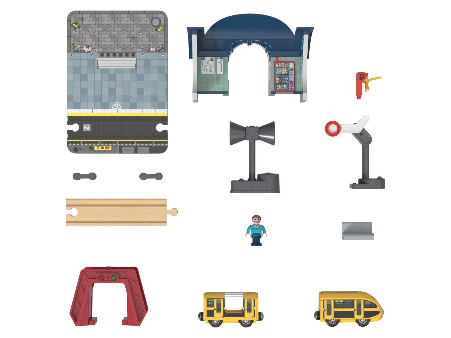 Playtive Spielzeugeisenbahn-Set Playtive Bahnhof-Set Batteriebetriebener Zug mit Magnetkupplung, Spur kompatibel mit handelsüblichen Holzschienen