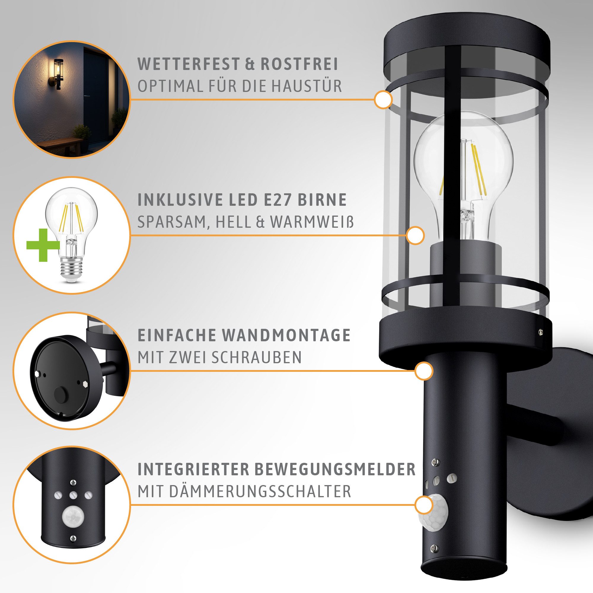 SSC-LUXon LED Außen-Wandleuchte MOVI Außenleuchte mit Bewegungsmelder IP44 LED Glühbirne 4W warmweiß, Warmweiß
