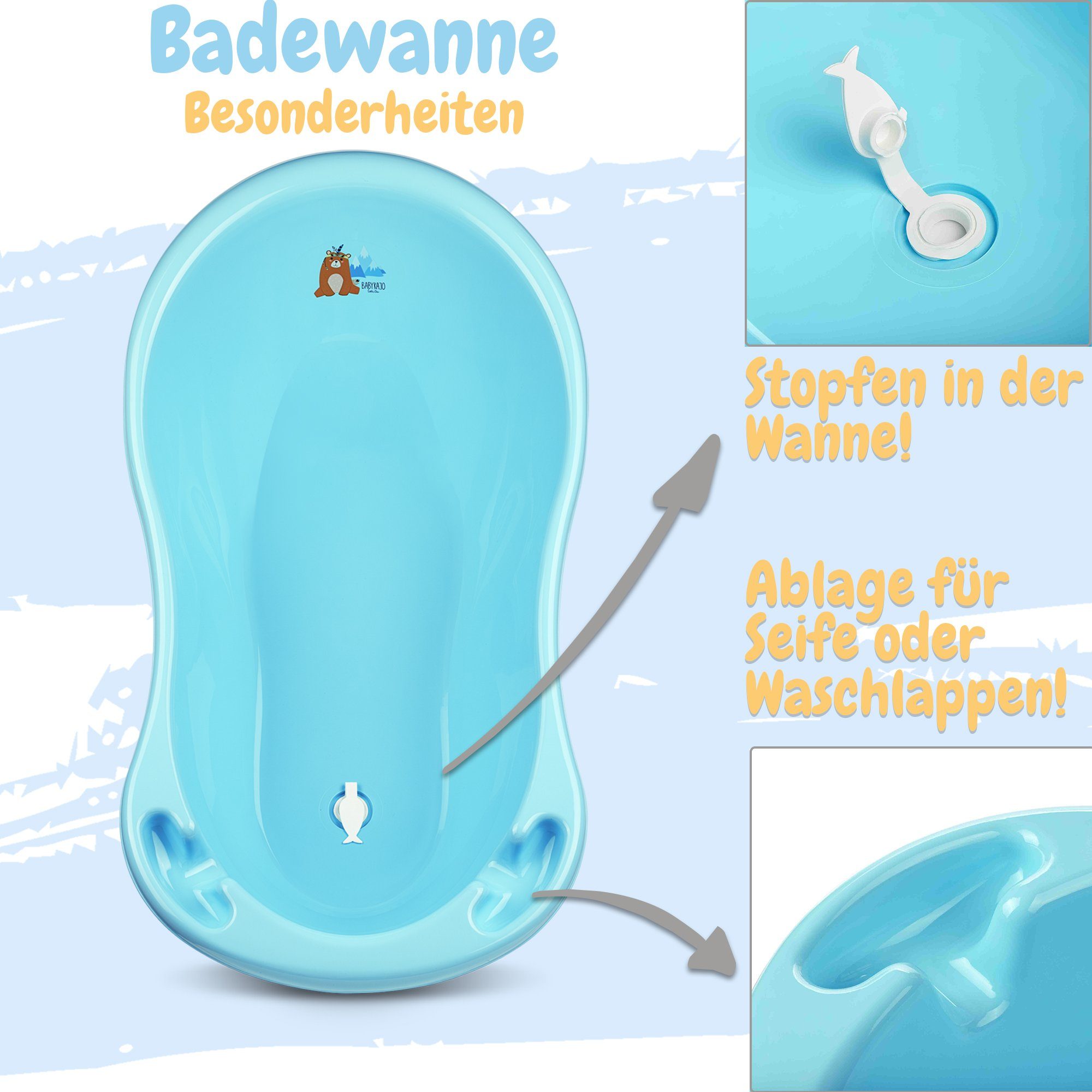 Babykajo Babybadewanne mit Ständer, (Set, 5-tlg), Babywanne mit Gestell, Sitz, Schlauch und Wickelauflage - TÜV geprüft