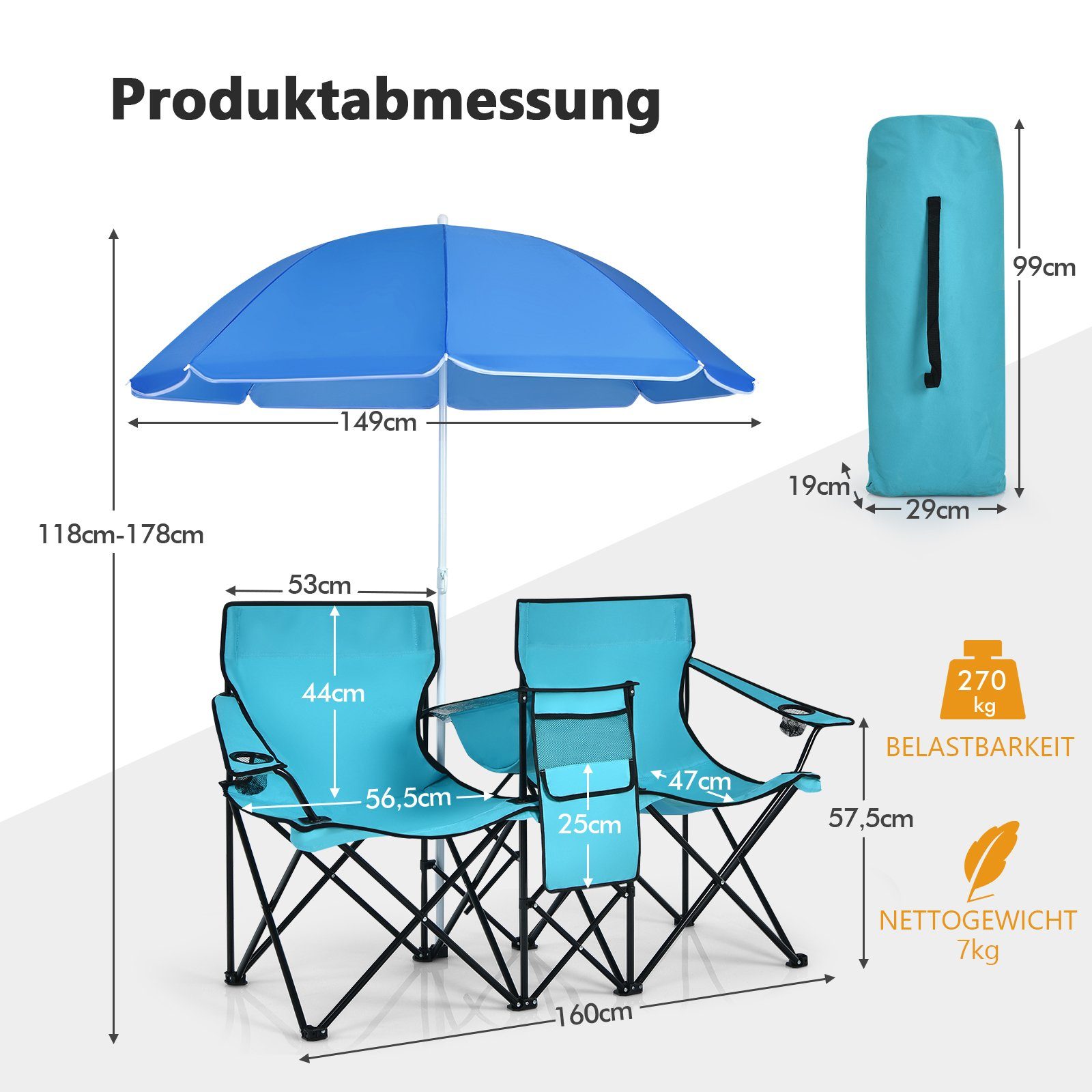COSTWAY Campingstuhl, mit Türkisgrün faltbar Kühltasche, Getränkehalter Sonnenschirm, &