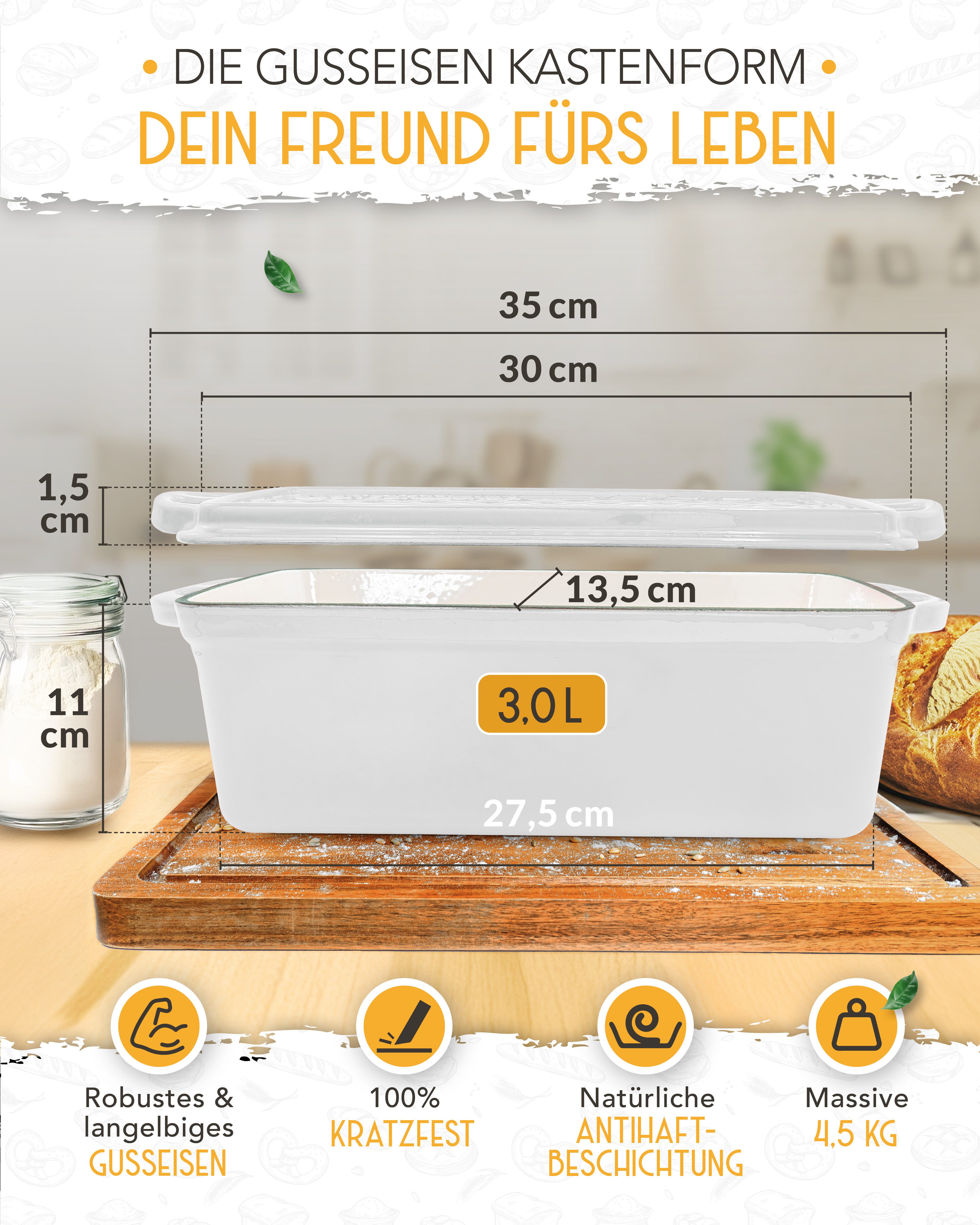 Krustenzauber Brotbackform Emaille Brotbackform 28cm mit Deckel im Komplettset, Kastenform Brot