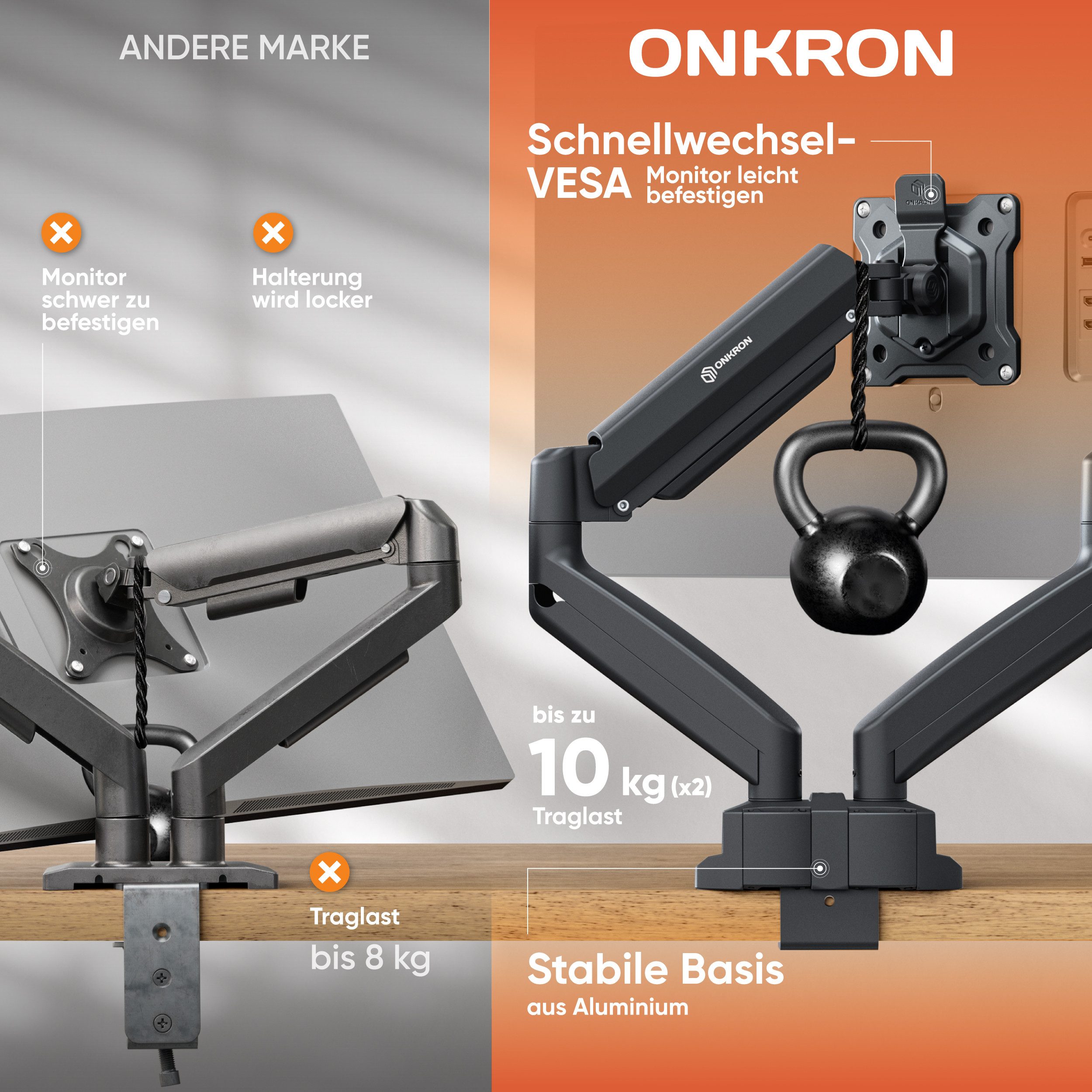 ONKRON Monitor-Halterung 13-32 Zoll, bis 8 kg pro Arm, VESA 75x75-100x100, G160, (bis 32 Zoll, neigbar, schwenkbar, drehbar, Gasdruckfeder, Kabelmanagement)