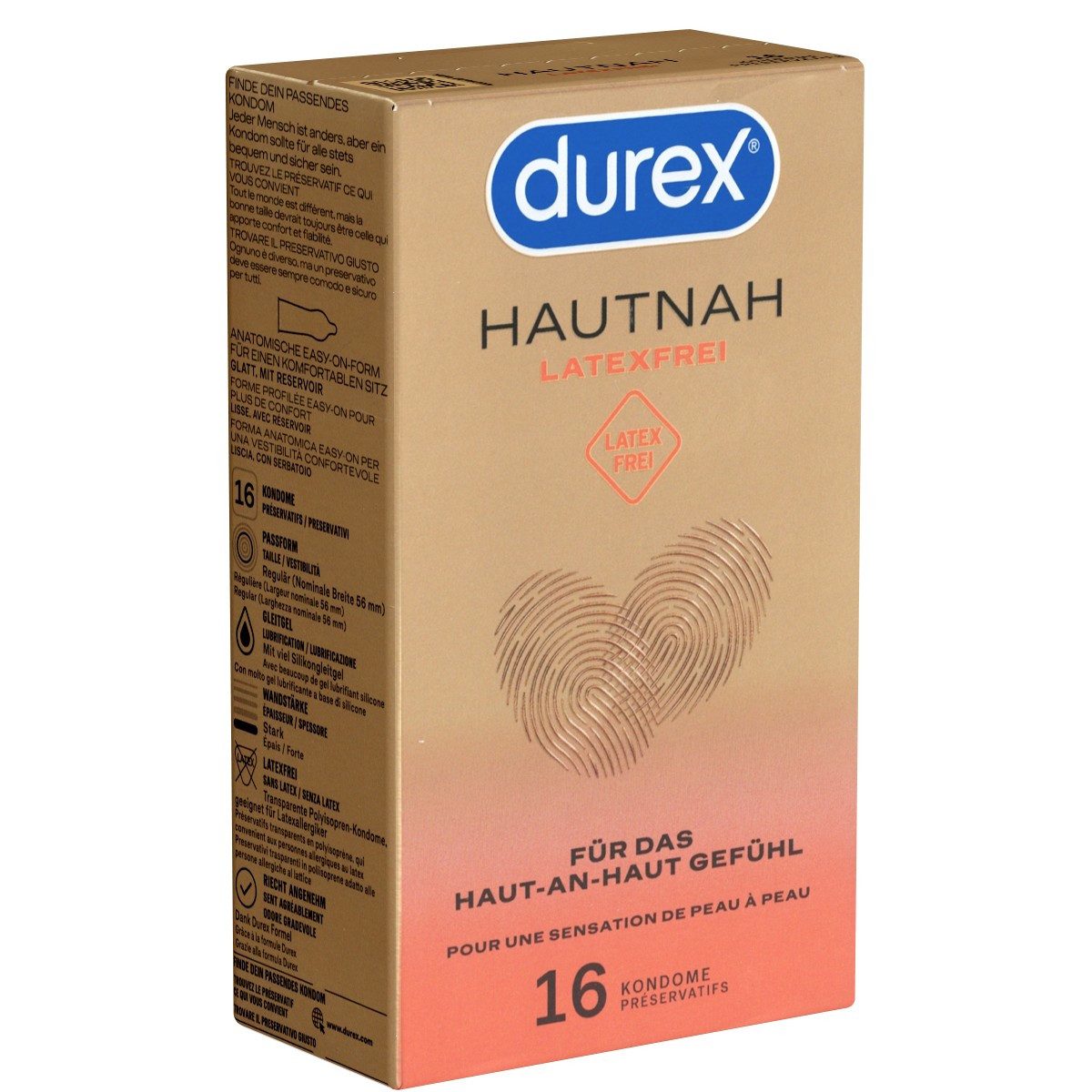 durex Kondome Hautnah Latexfrei Packung mit, 16 St., latexfreie Markenkondome mit Easy-On™-Passform