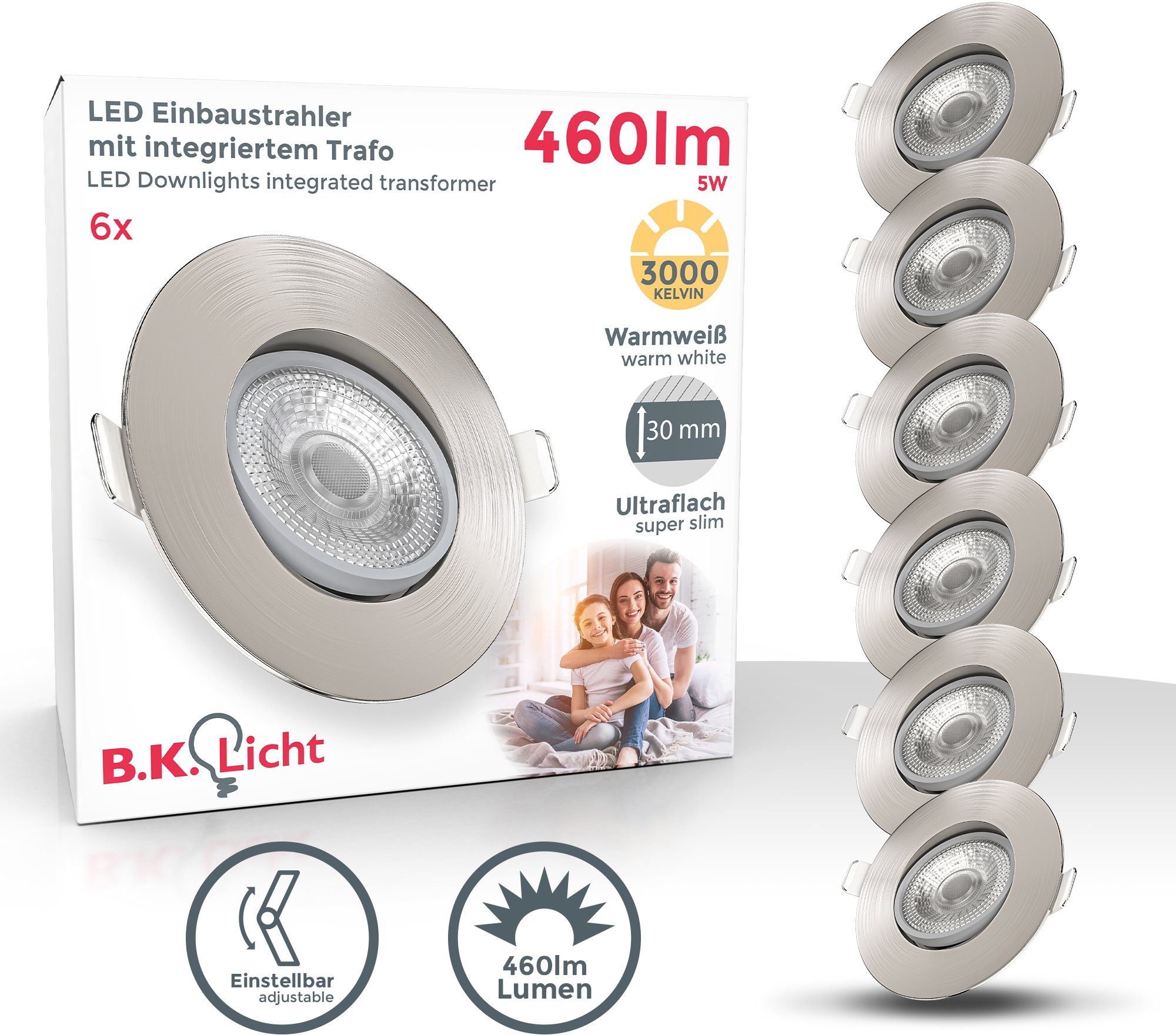 B.K.Licht LED Einbauleuchte 6er Set Einbaustrahler, Schwenkbar, Deckenspots, flache Spots, LED fest integriert, Warmweiß, 3.000K, 460Lm, 5W, Kunststoff, 9 x 2,4 cm, Nickel