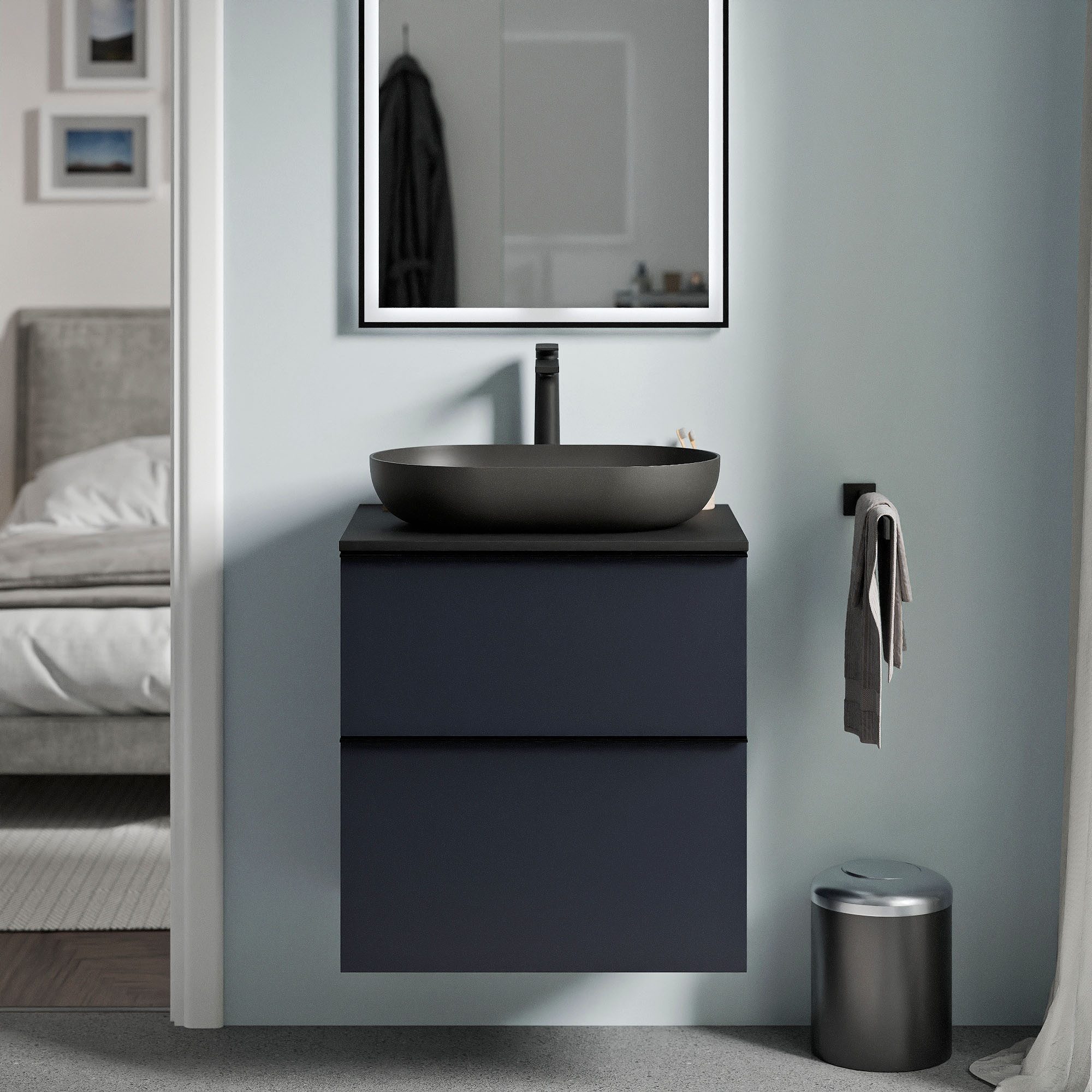 Bernstein Waschbeckenunterschrank LAVOA 60cm Mitternachtsblau matt Unterschrank Aufsatzbecken Platte Schwarz matt Griff Anthrazit matt